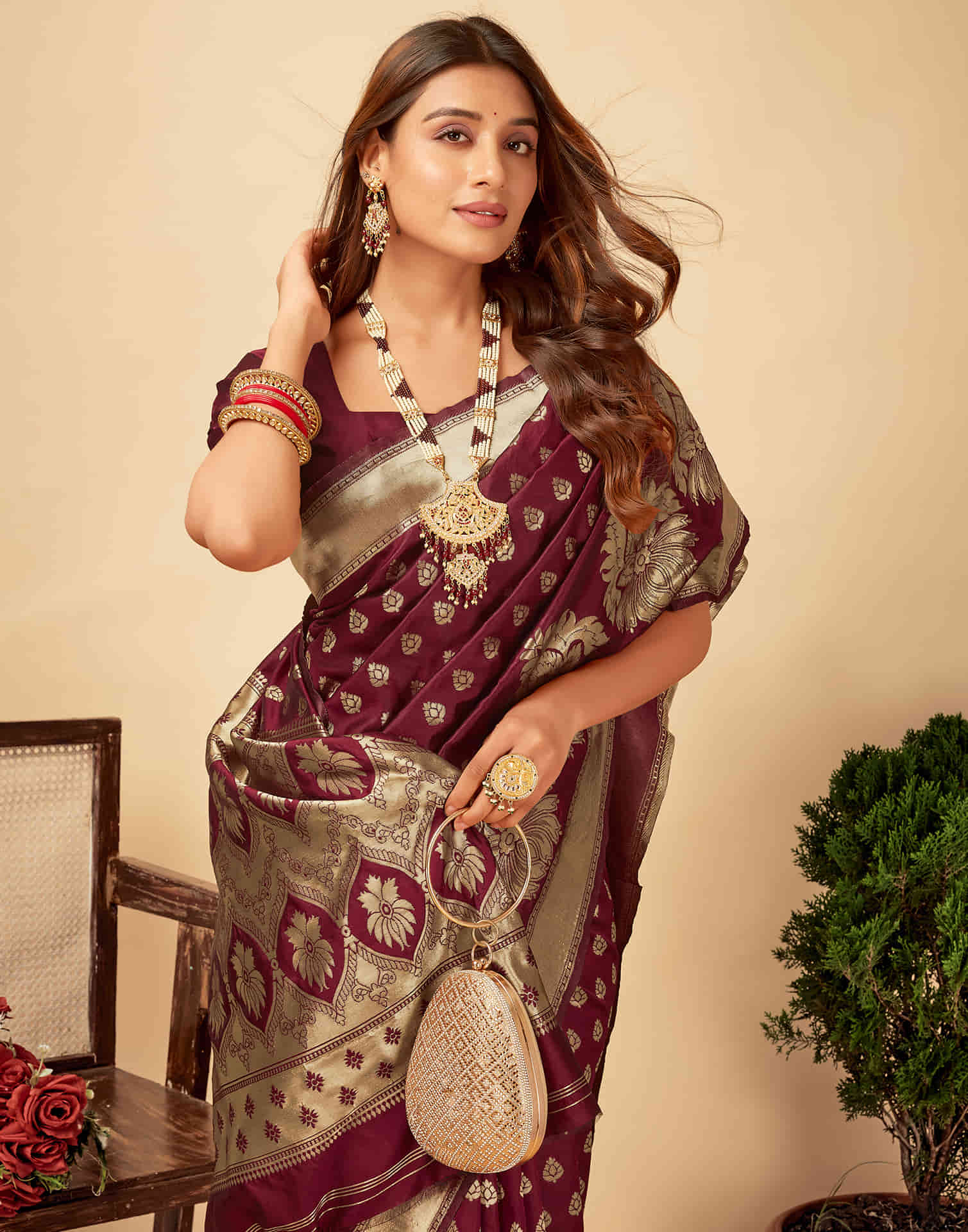 Dark Maroon Silk Woven Banarasi Saree