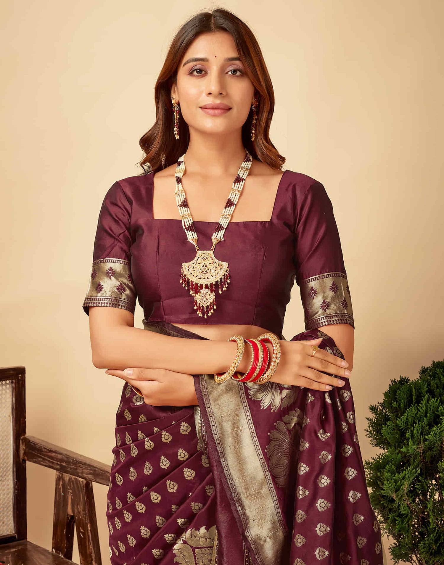 Dark Maroon Silk Woven Banarasi Saree