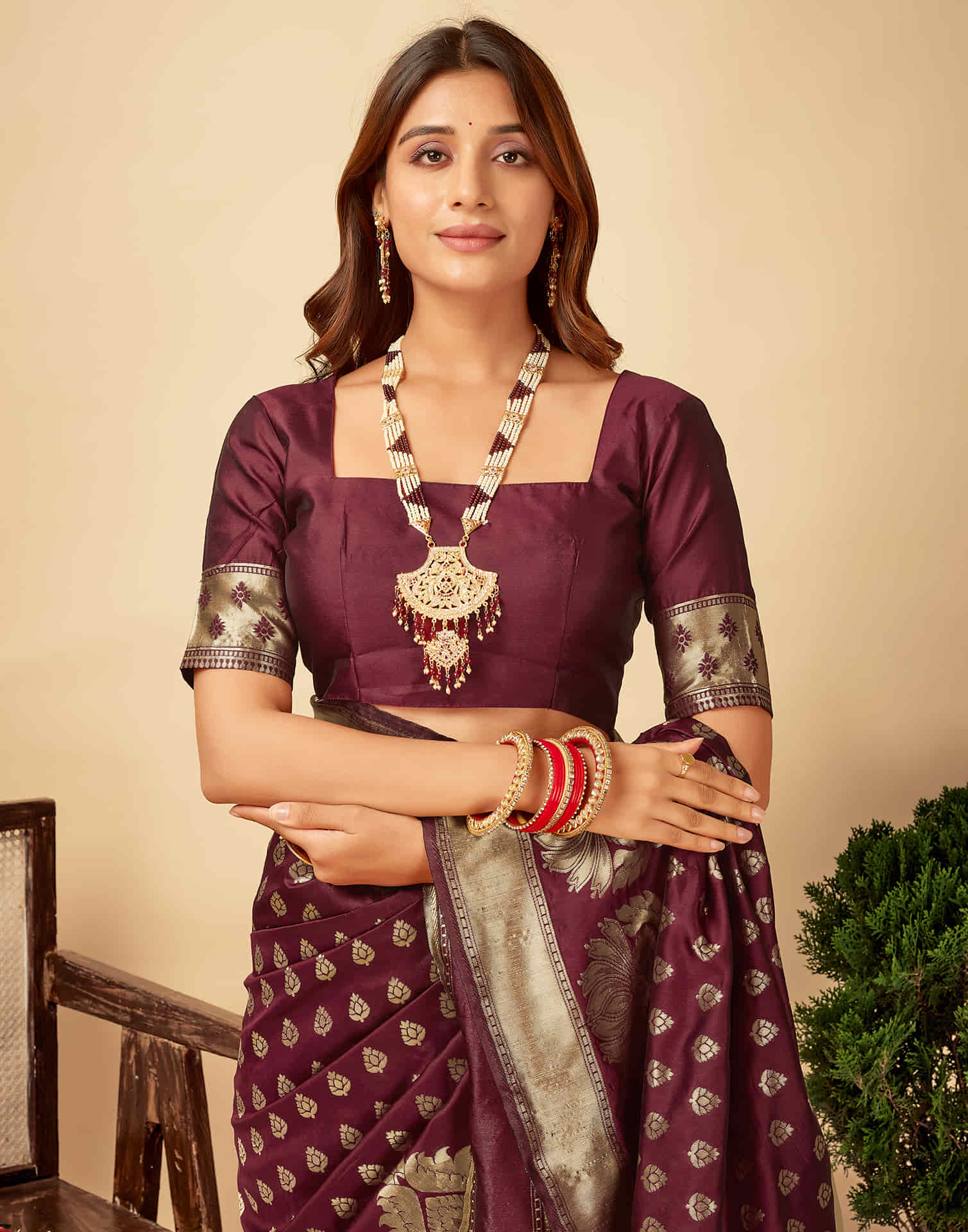 Dark Maroon Silk Woven Banarasi Saree