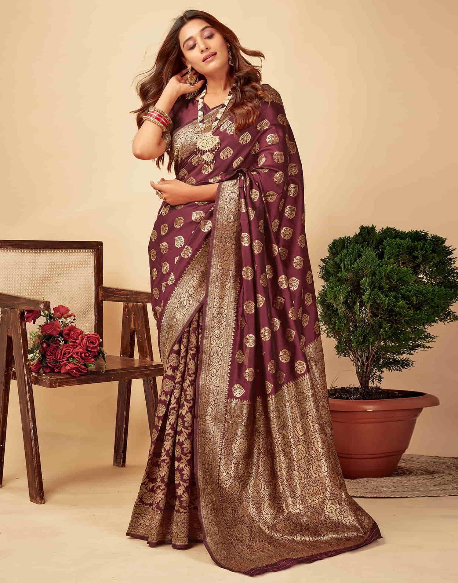 Dark Maroon Silk Woven Banarasi Saree