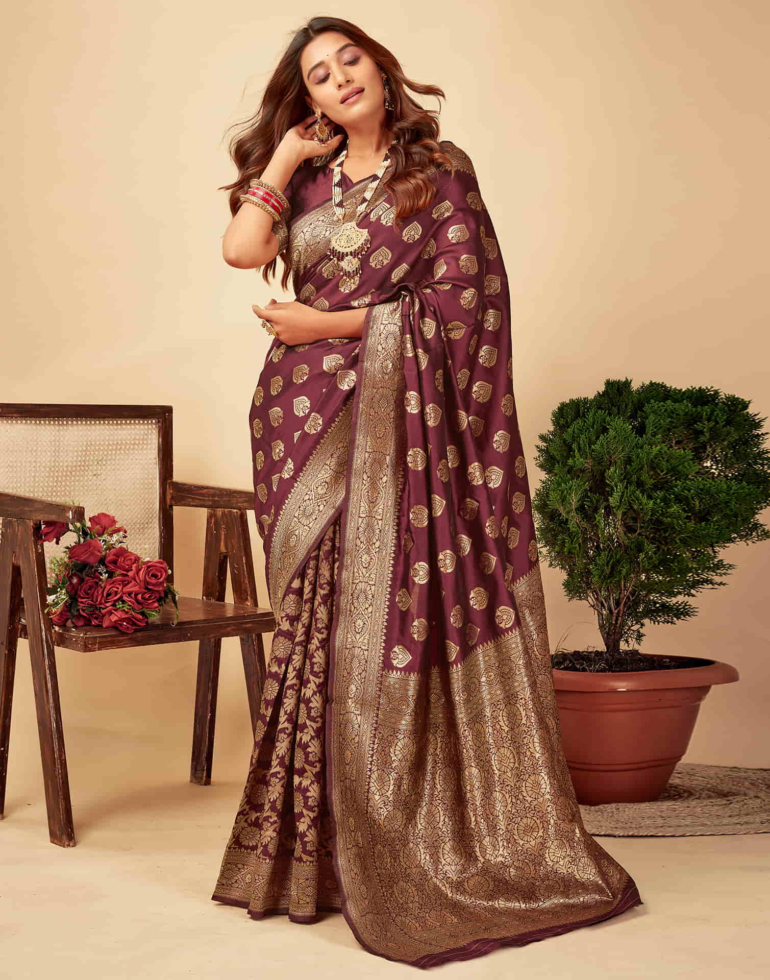 Dark Maroon Silk Woven Banarasi Saree
