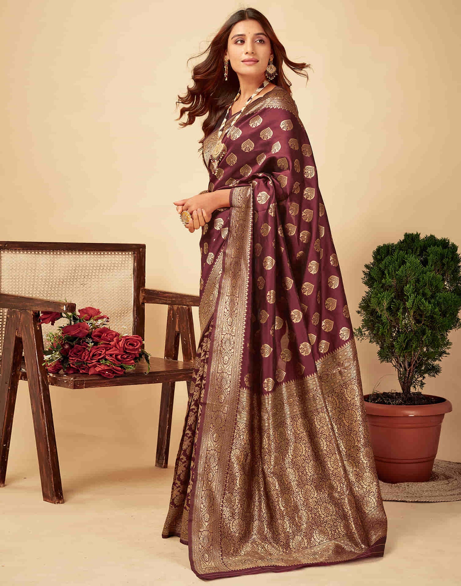 Dark Maroon Silk Woven Banarasi Saree