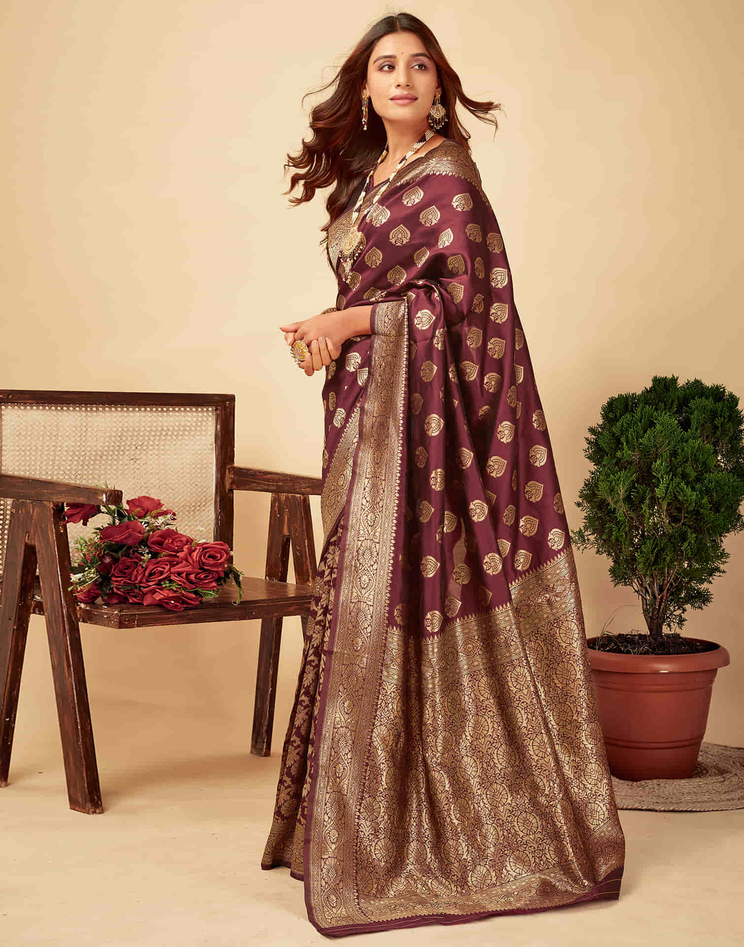 Dark Maroon Silk Woven Banarasi Saree