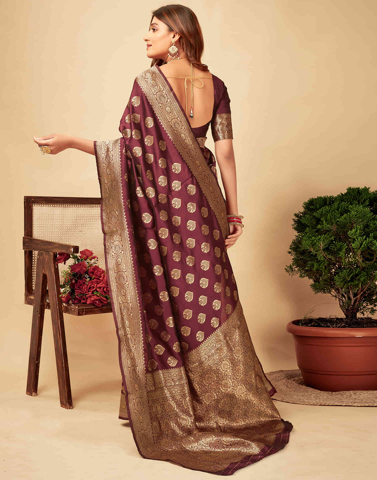 Dark Maroon Silk Woven Banarasi Saree