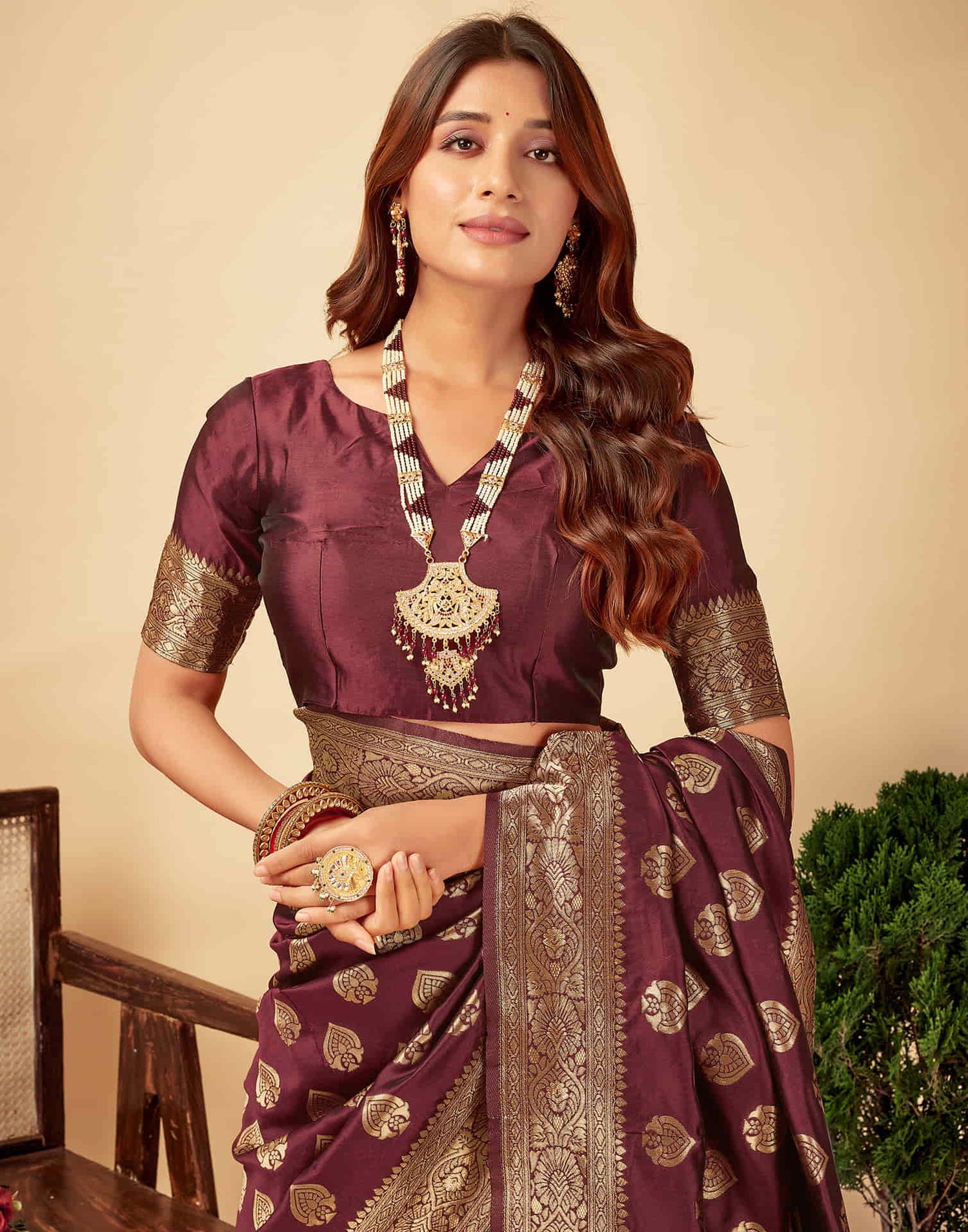 Dark Maroon Silk Woven Banarasi Saree