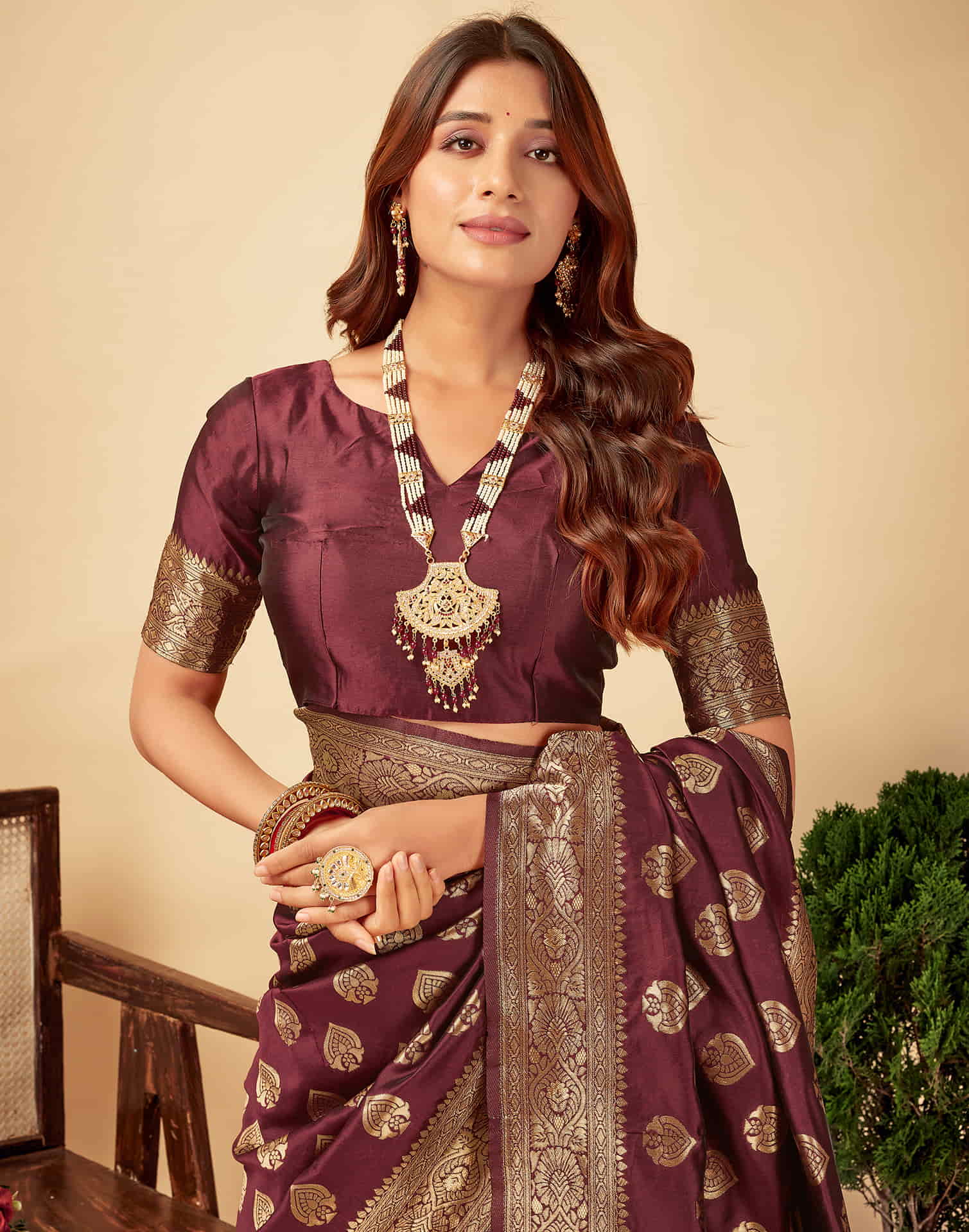 Dark Maroon Silk Woven Banarasi Saree