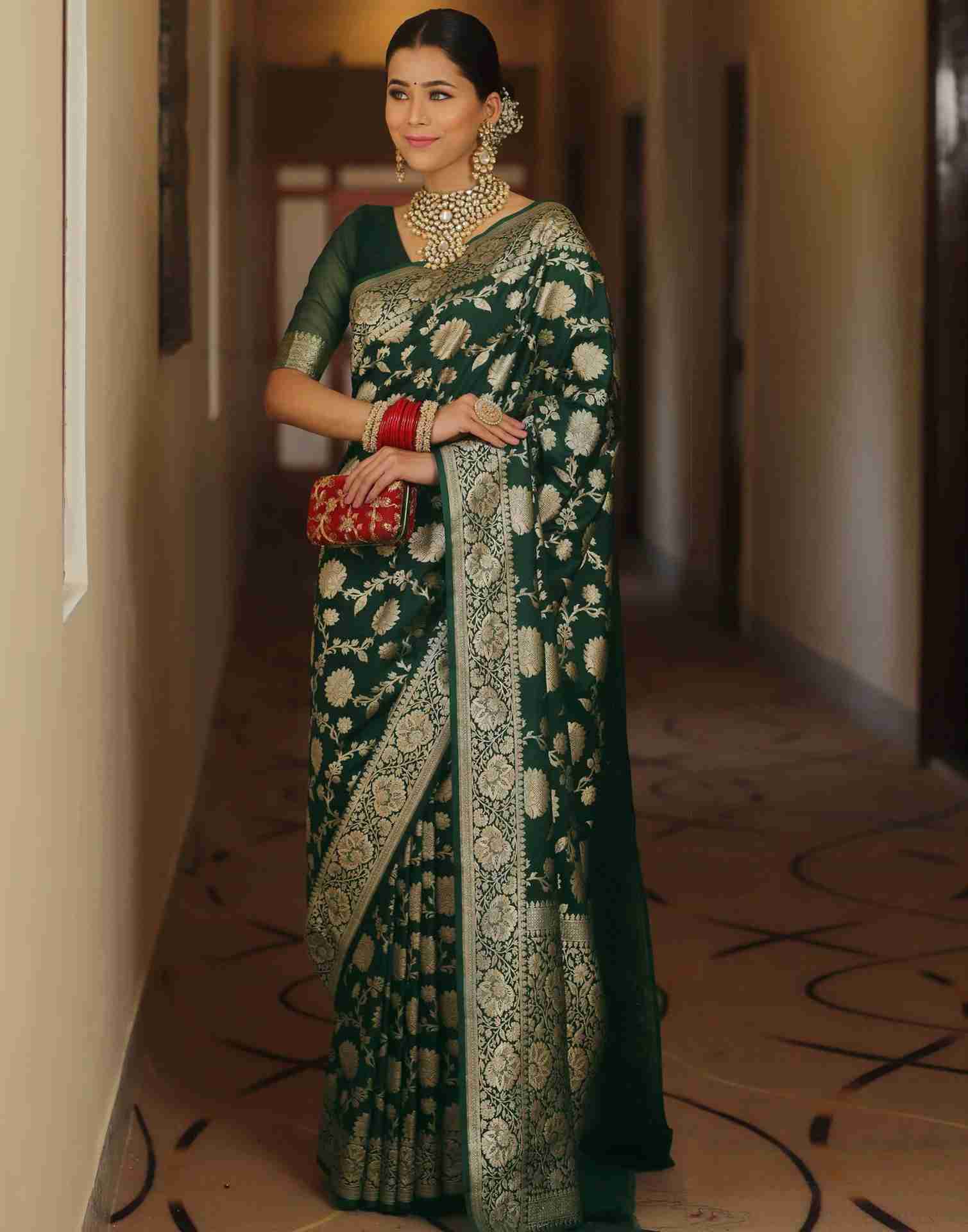 Dark Green Silk Woven Banarasi Saree