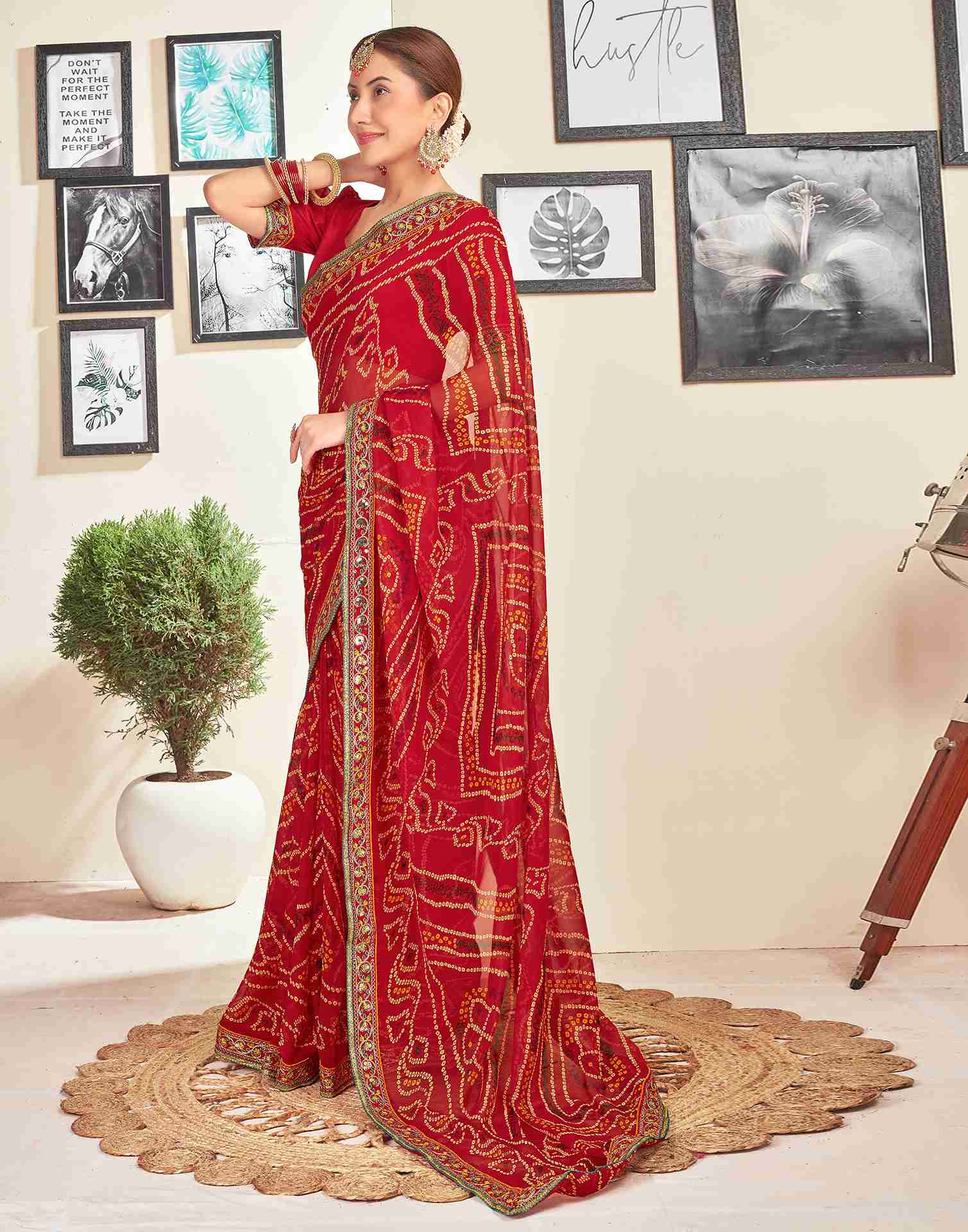 Red Georgette Printed Bandhani Saree
