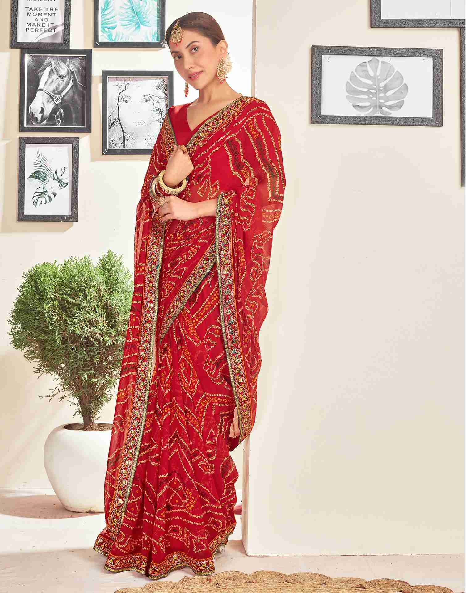 Red Georgette Printed Bandhani Saree