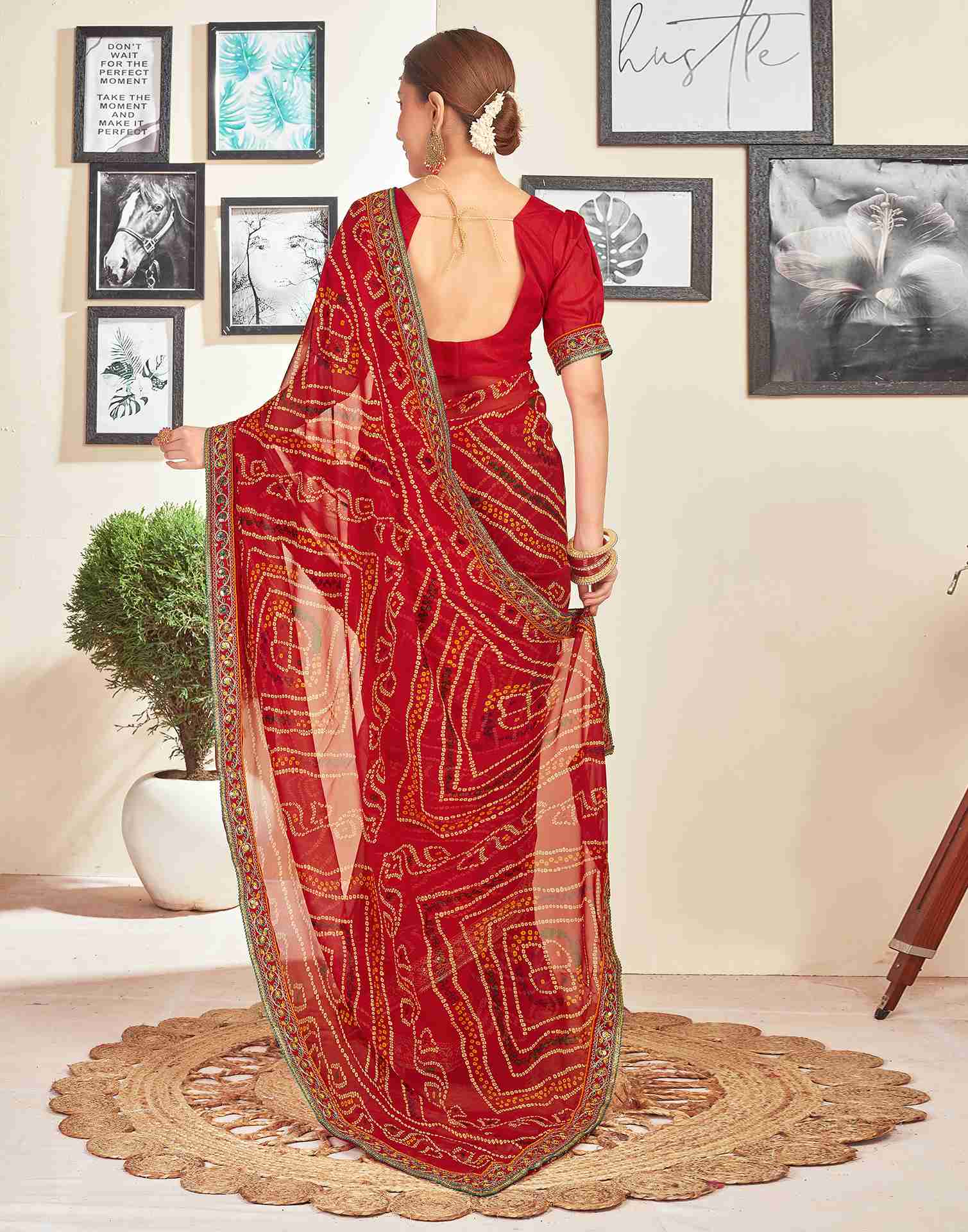 Red Georgette Printed Bandhani Saree