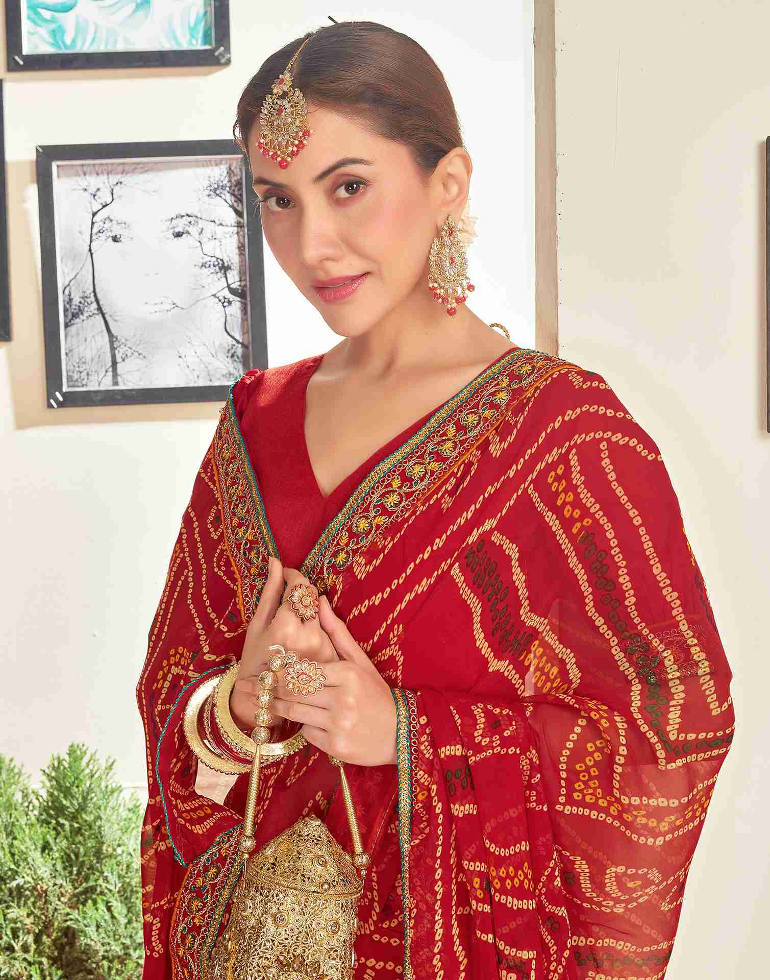 Red Georgette Printed Bandhani Saree
