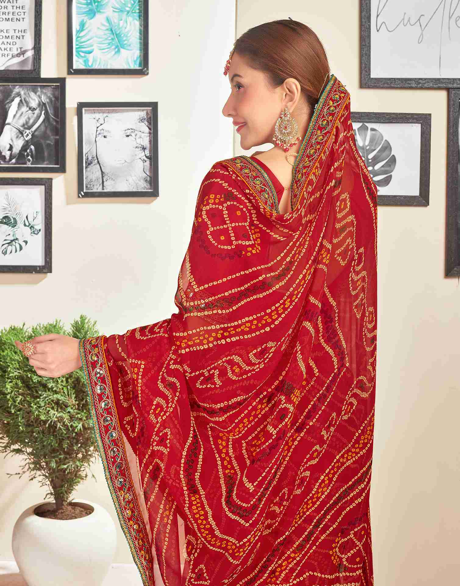 Red Georgette Printed Bandhani Saree