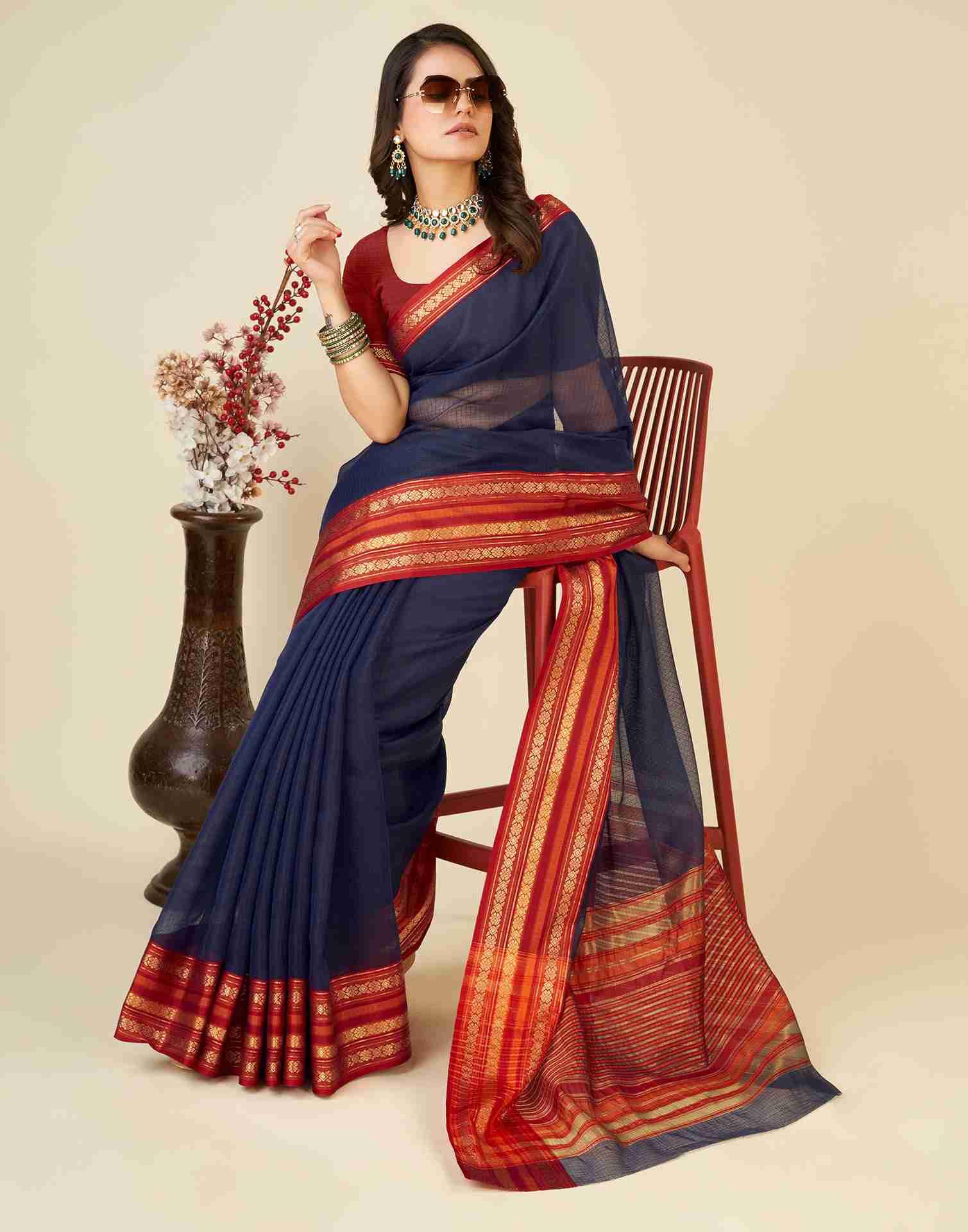 Navy Blue Silk Woven Kota Doria Saree