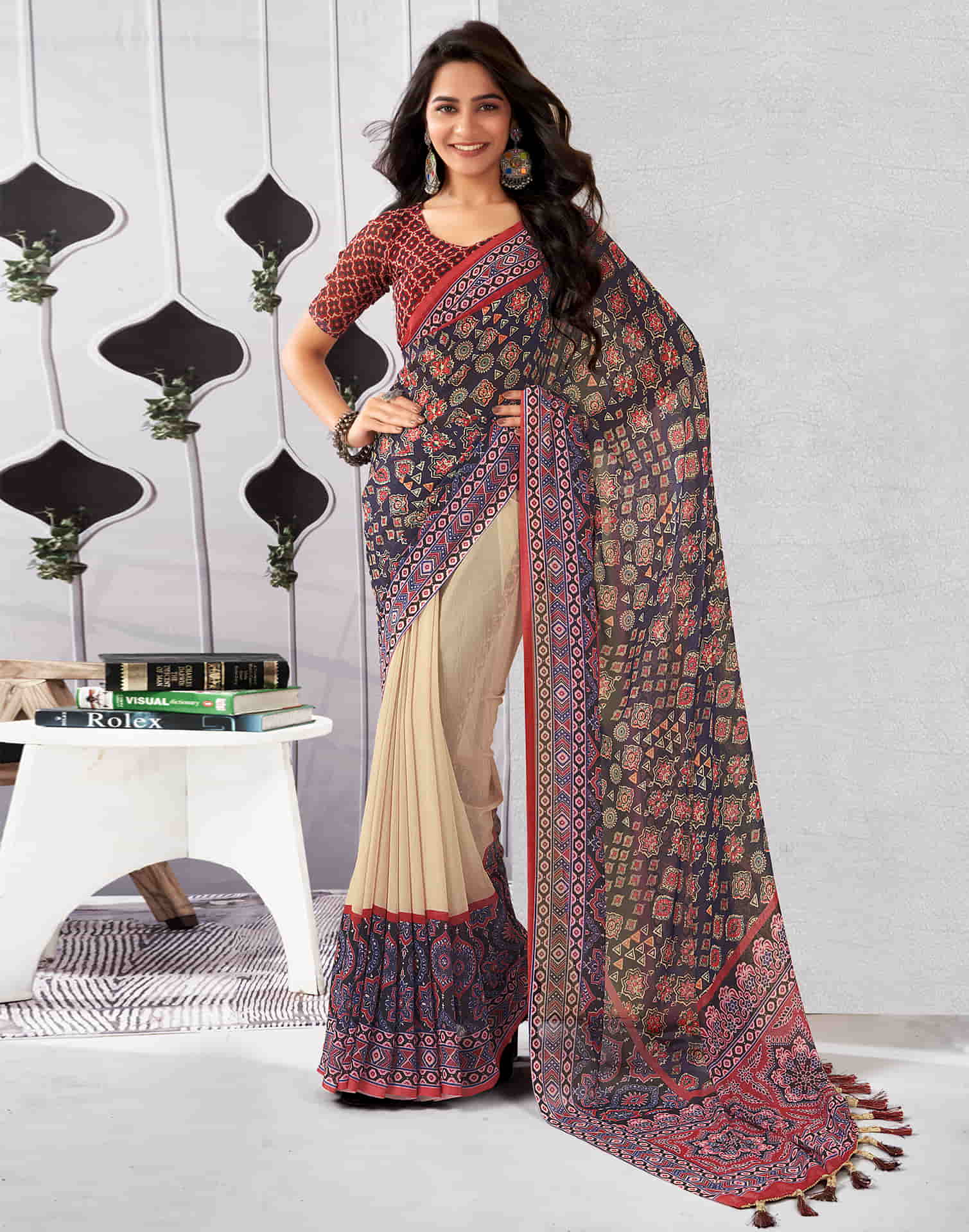 Beige Georgette Printed Saree