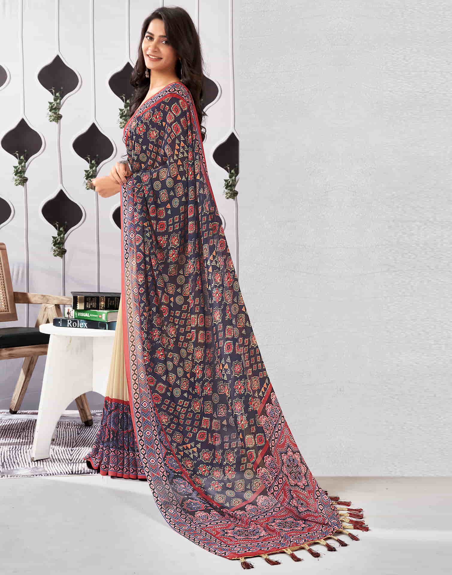 Beige Georgette Printed Saree