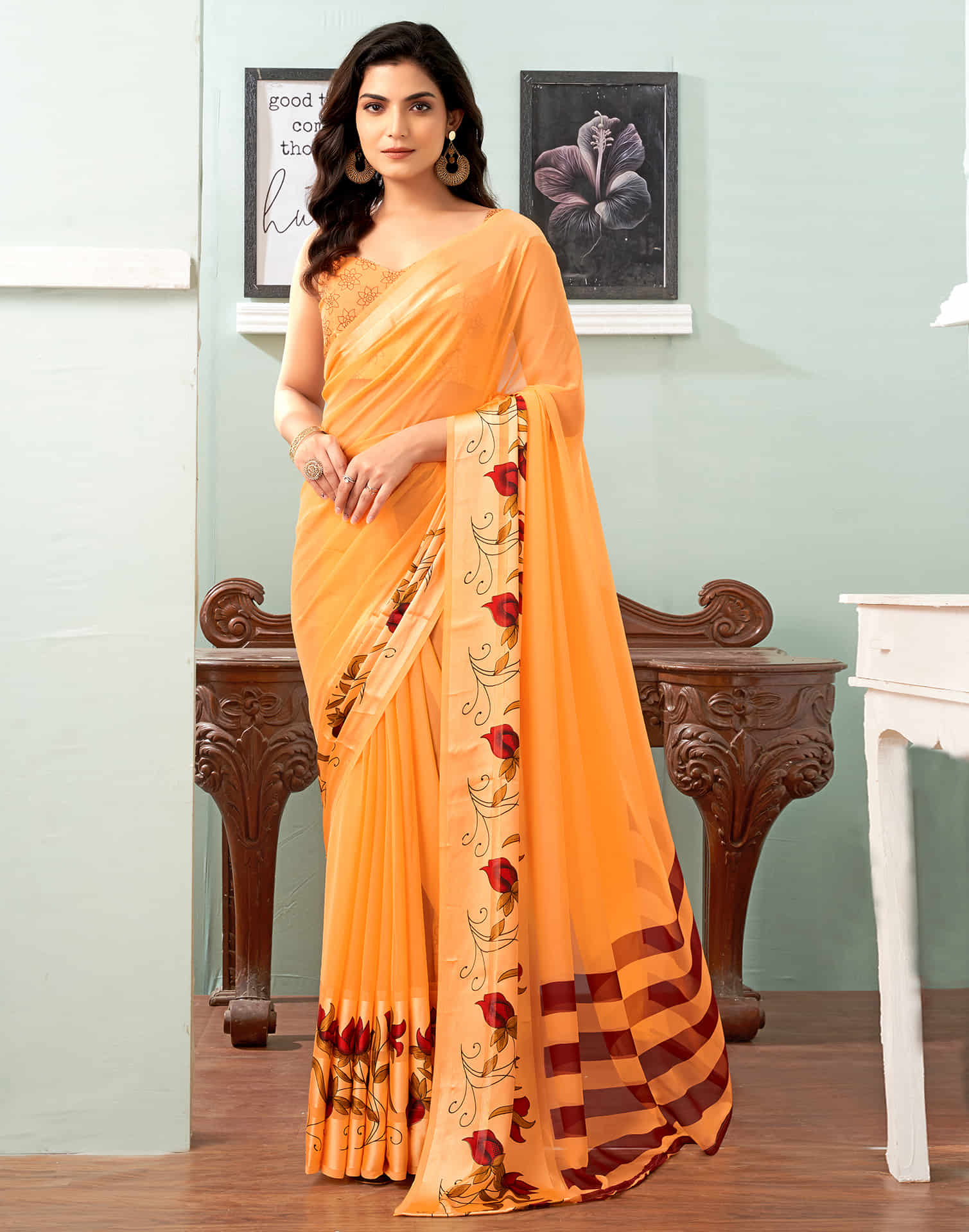 Light Orange Printed Georgette Saree