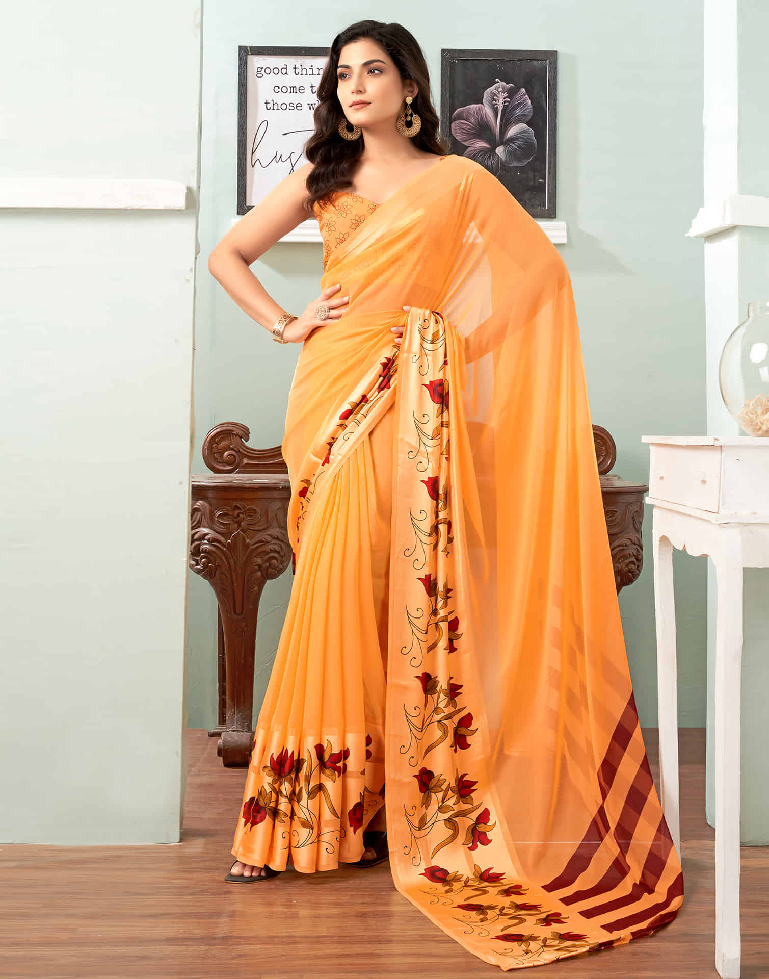 Light Orange Printed Georgette Saree