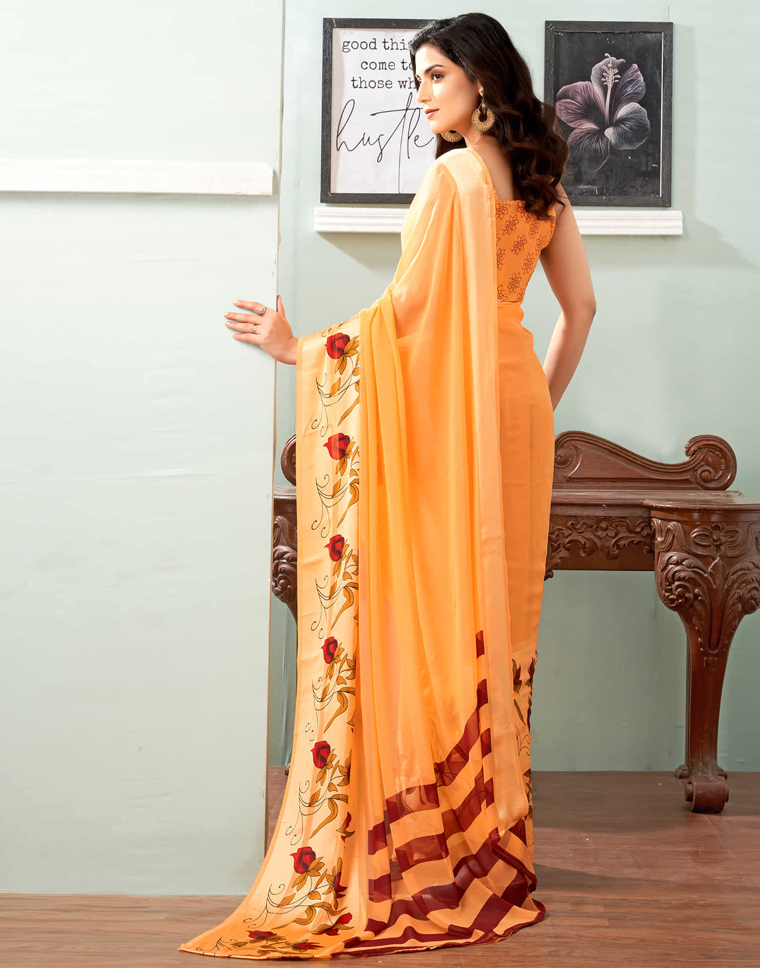 Light Orange Printed Georgette Saree