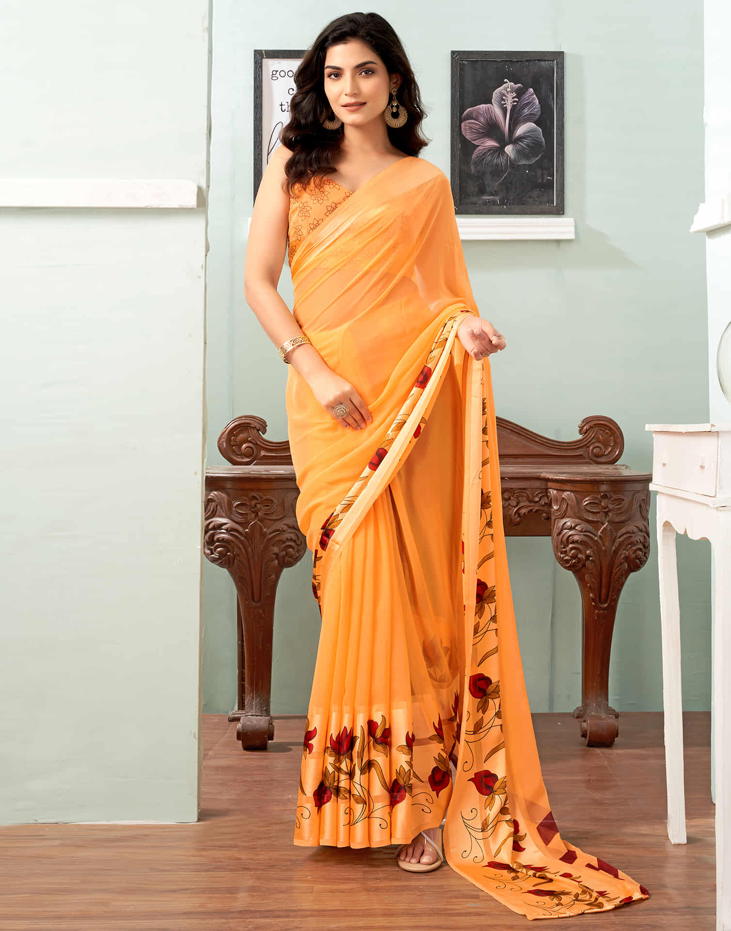 Light Orange Printed Georgette Saree