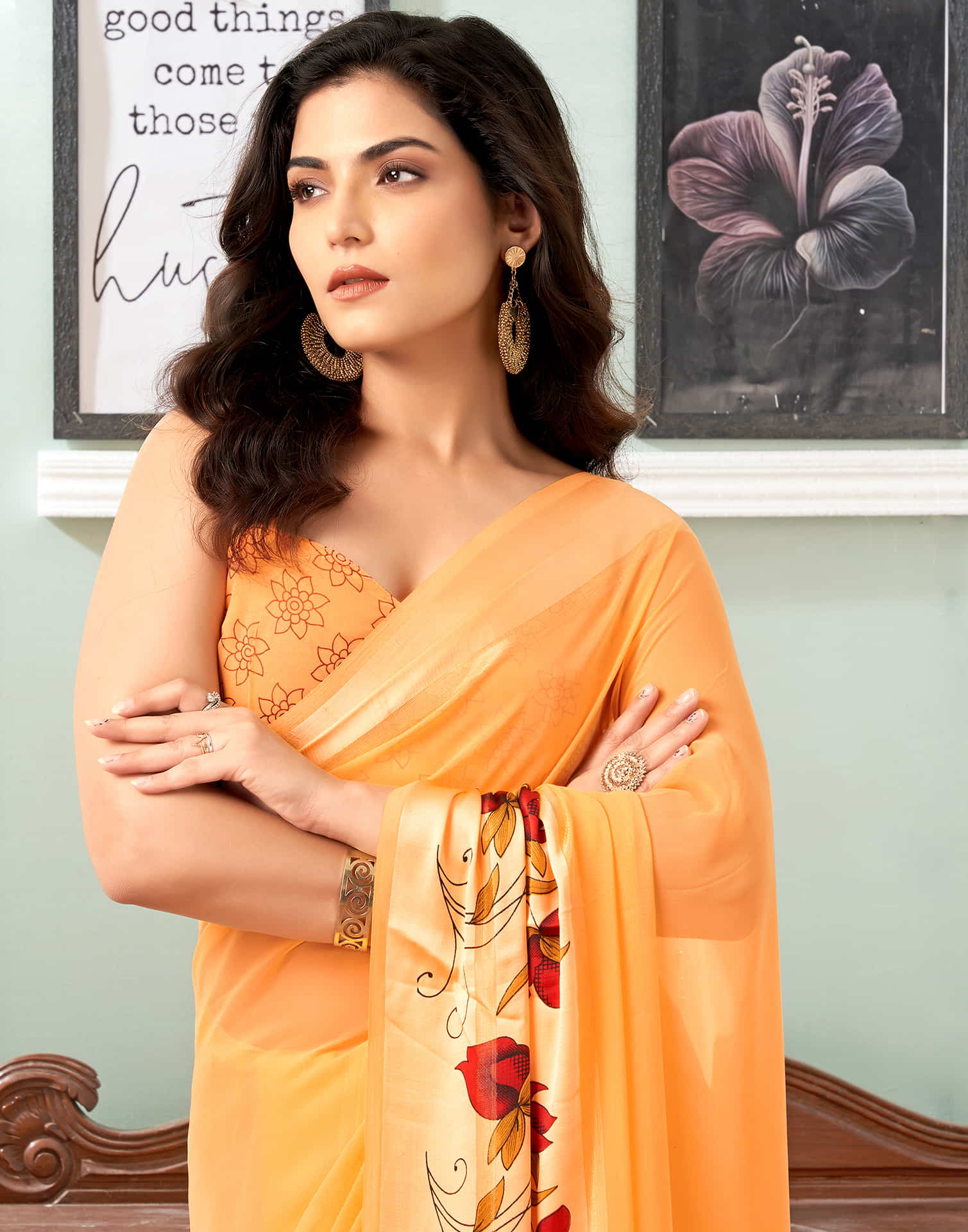 Light Orange Printed Georgette Saree