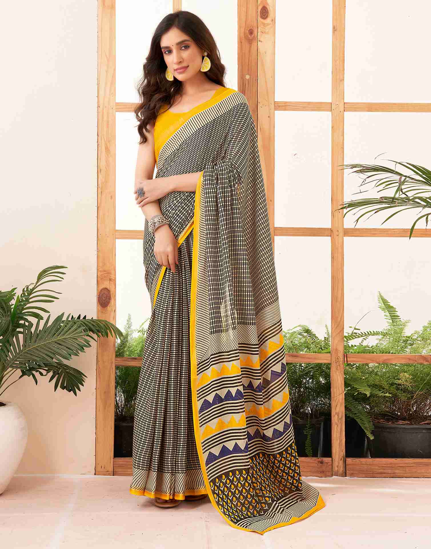 Yellow Cotton Printed Saree