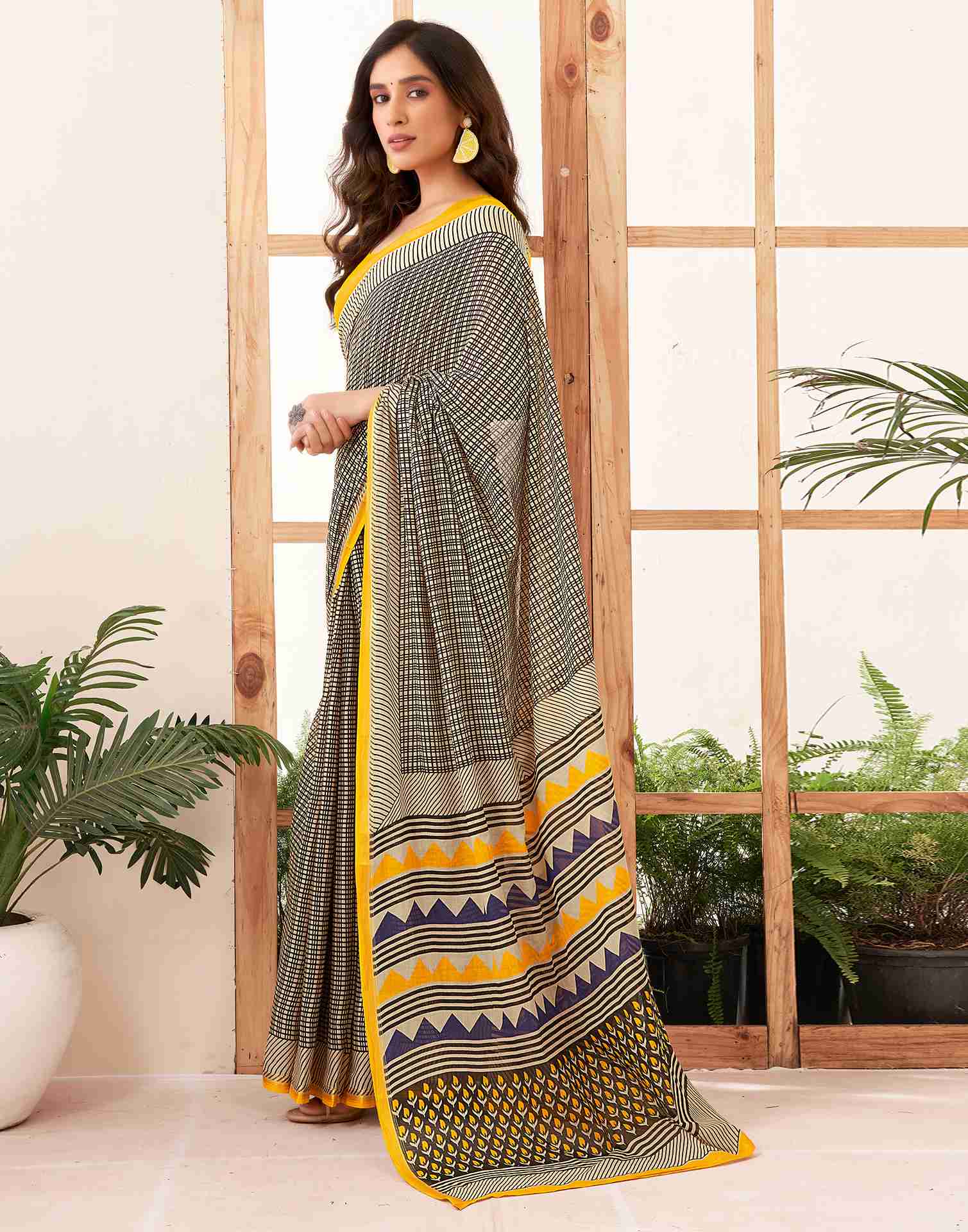 Yellow Cotton Printed Saree