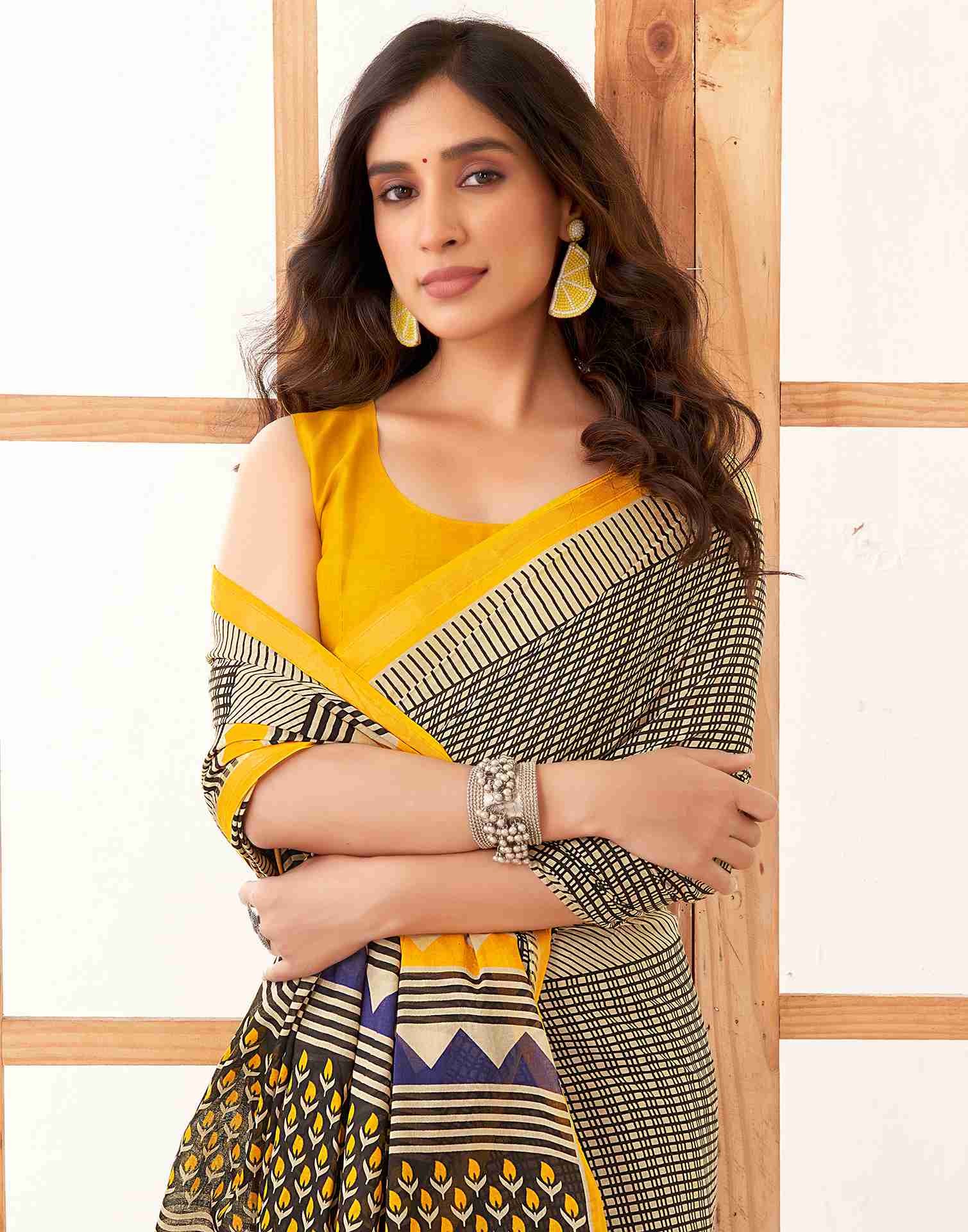 Yellow Cotton Printed Saree