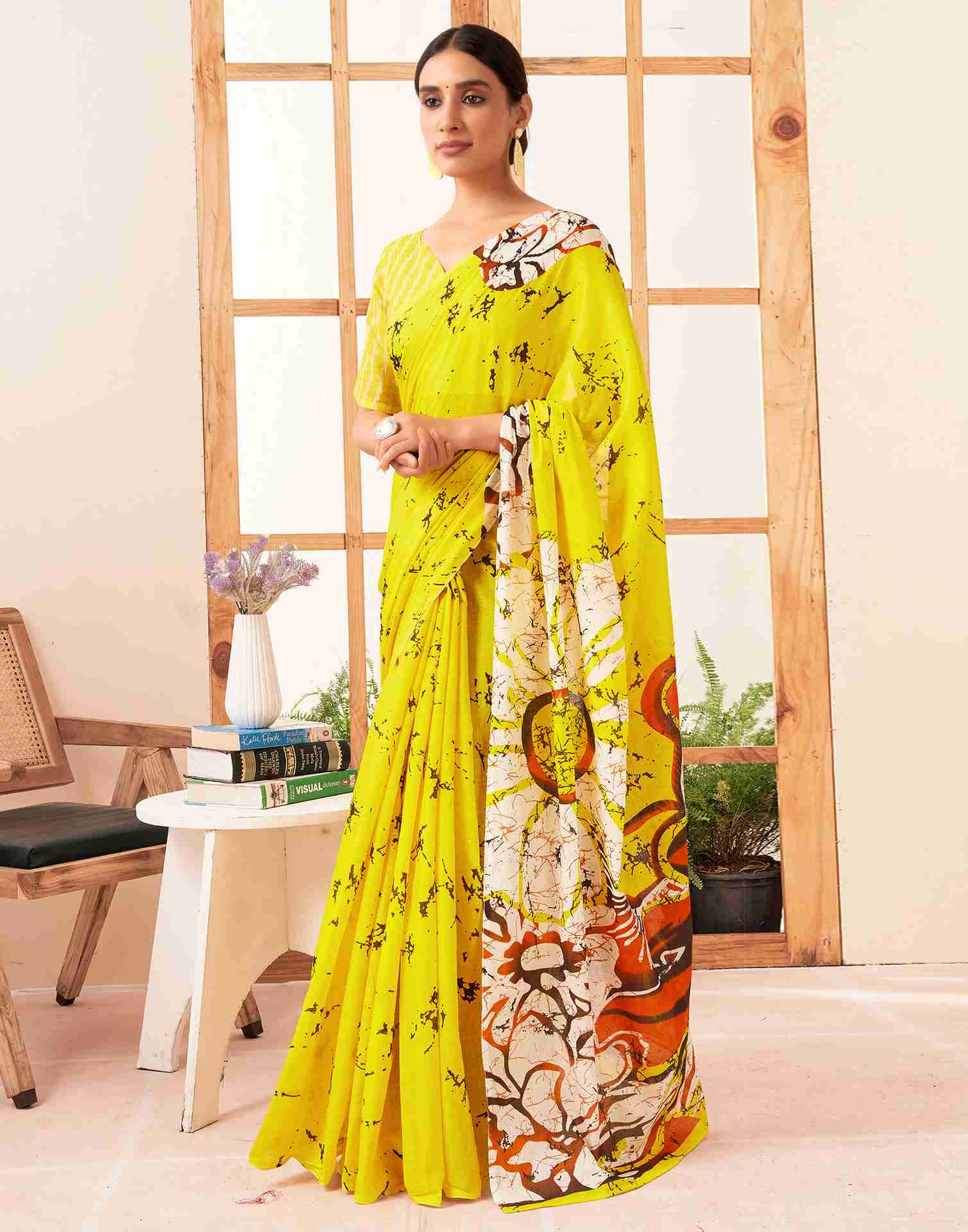 Yellow Cotton Printed Saree