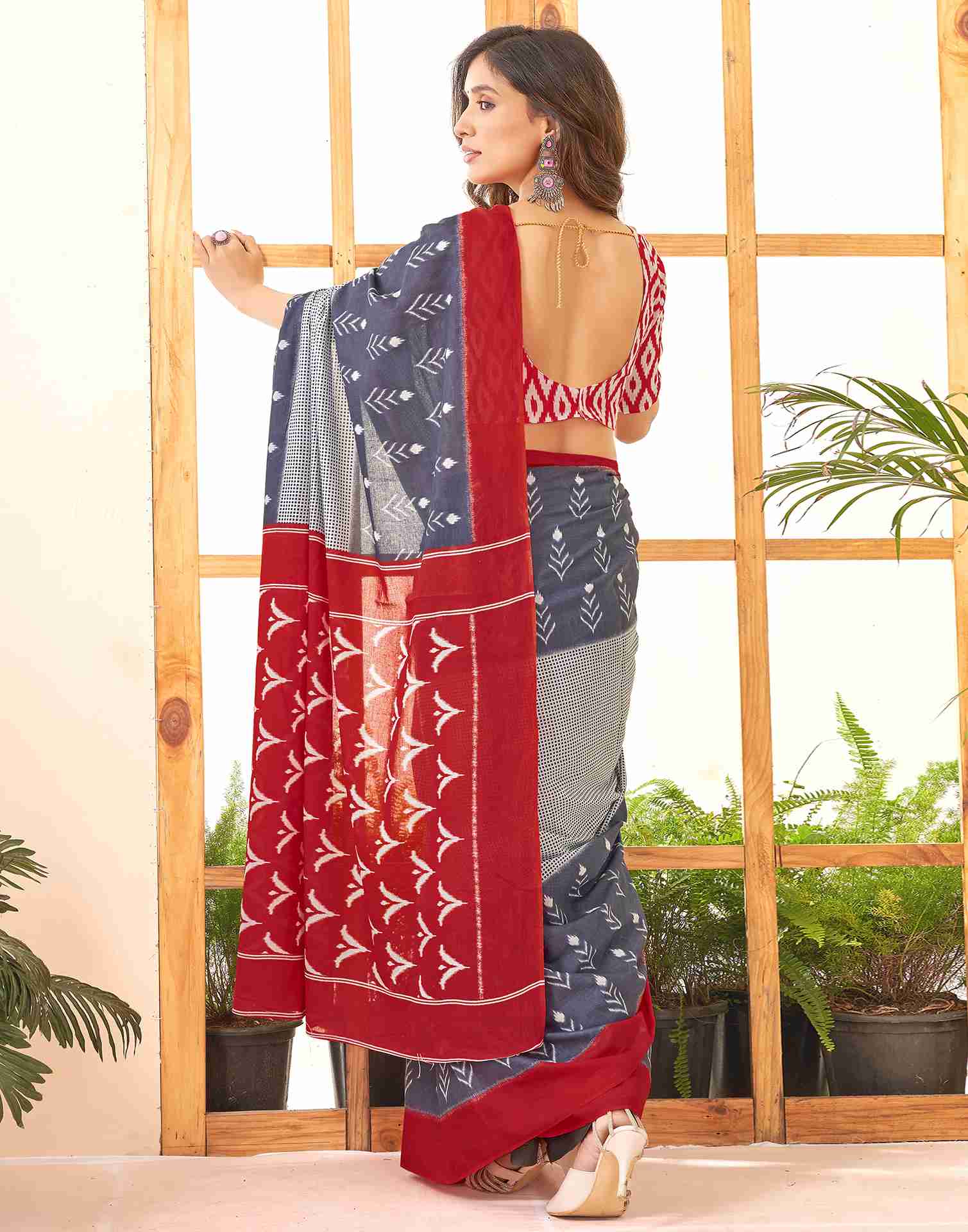 Dusty Blue Cotton Printed Saree