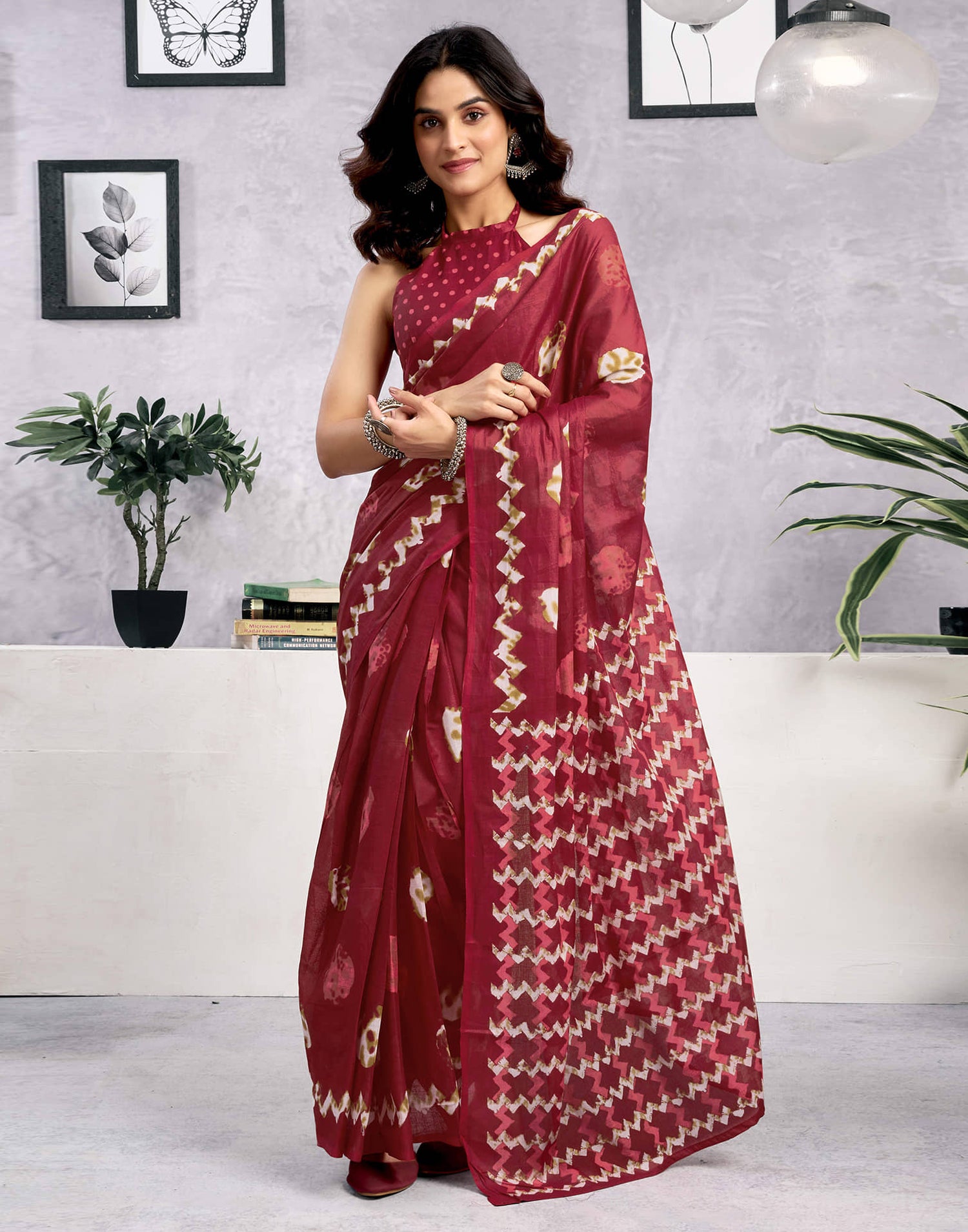 Ready To Wear Dark Red Cotton Printed Saree