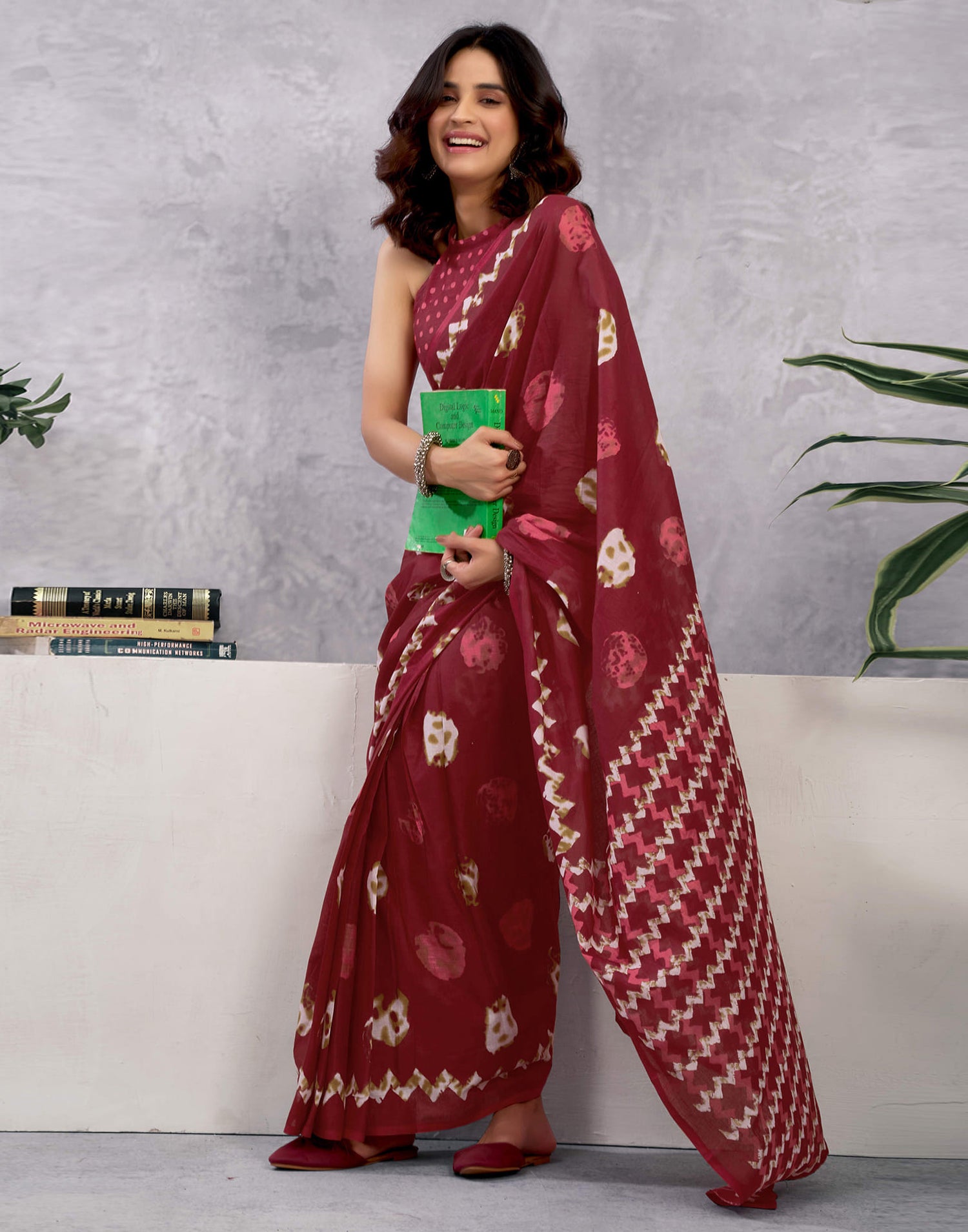 Ready To Wear Dark Red Cotton Printed Saree