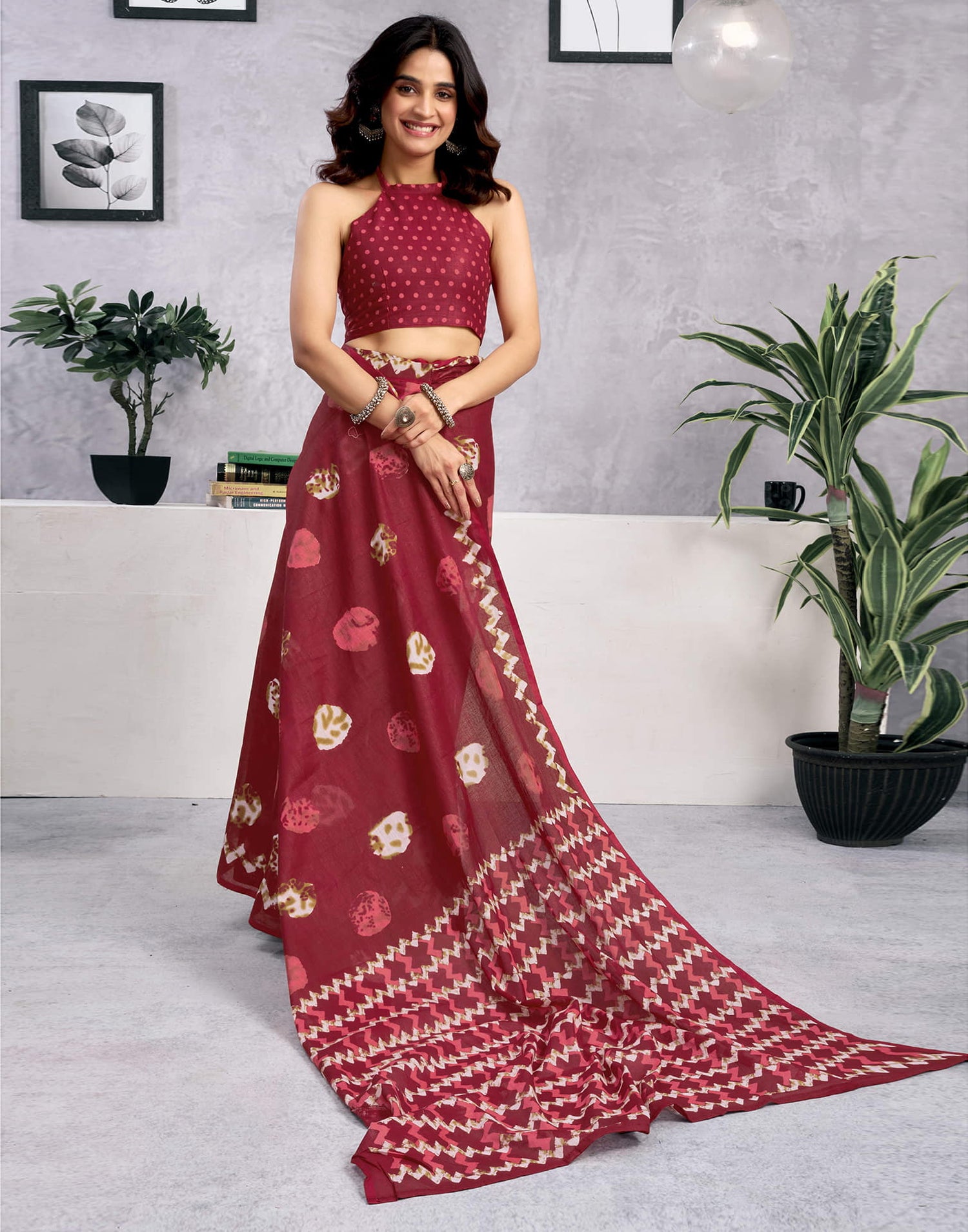 Ready To Wear Dark Red Cotton Printed Saree