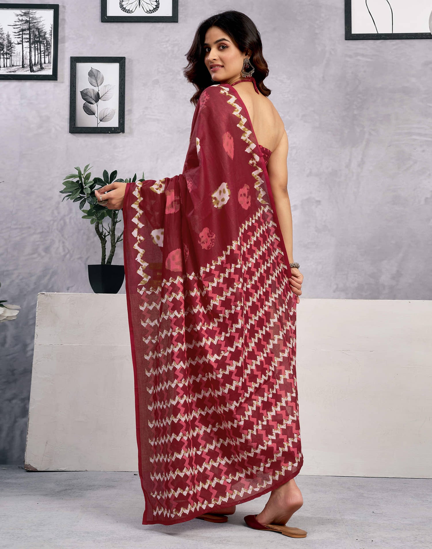 Ready To Wear Dark Red Cotton Printed Saree