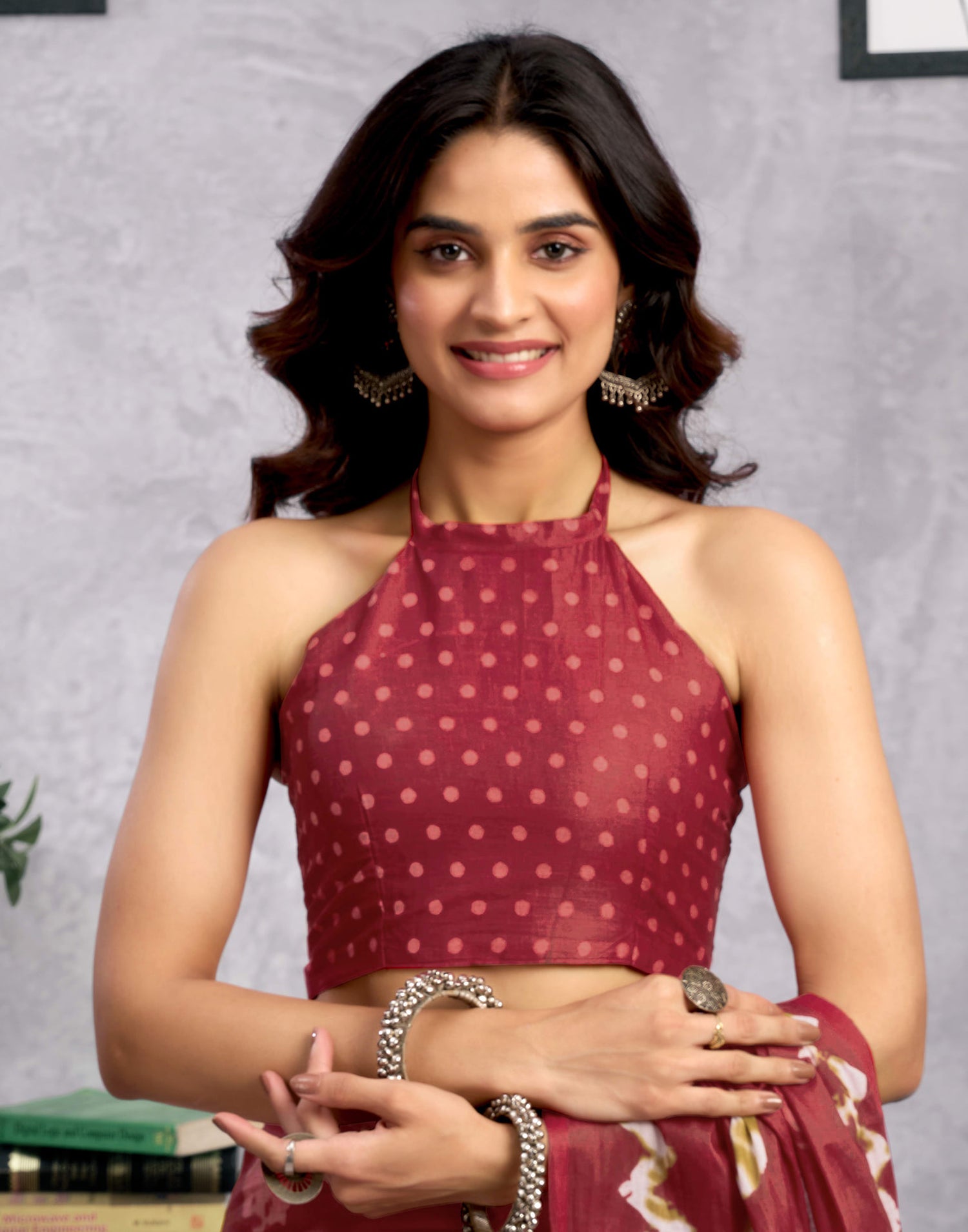 Ready To Wear Dark Red Cotton Printed Saree