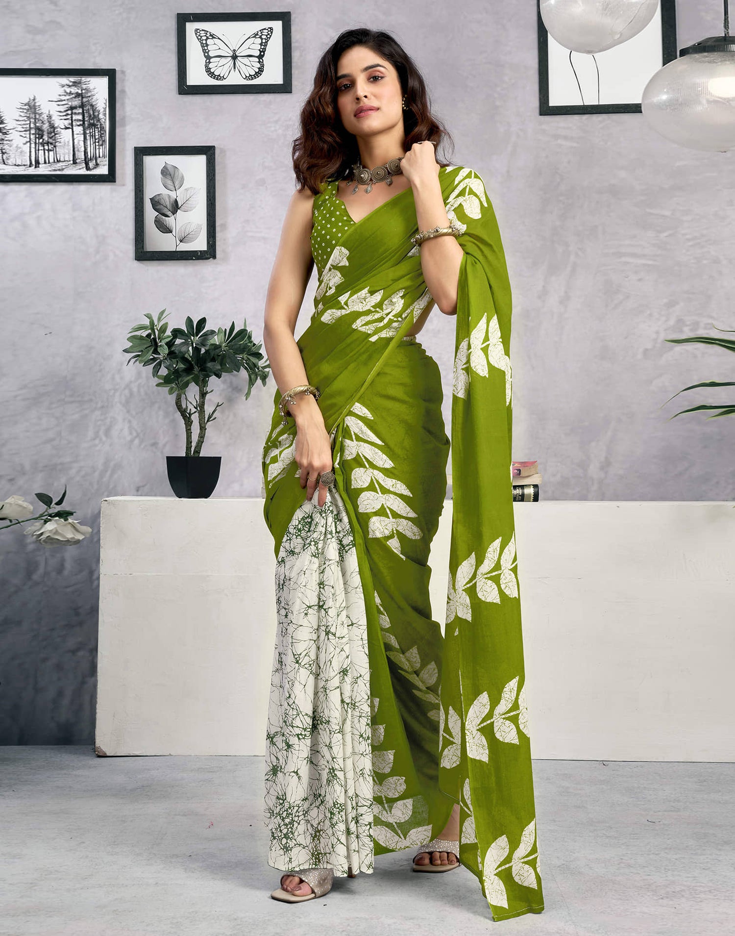 Ready To Wear Green Cotton Printed Saree