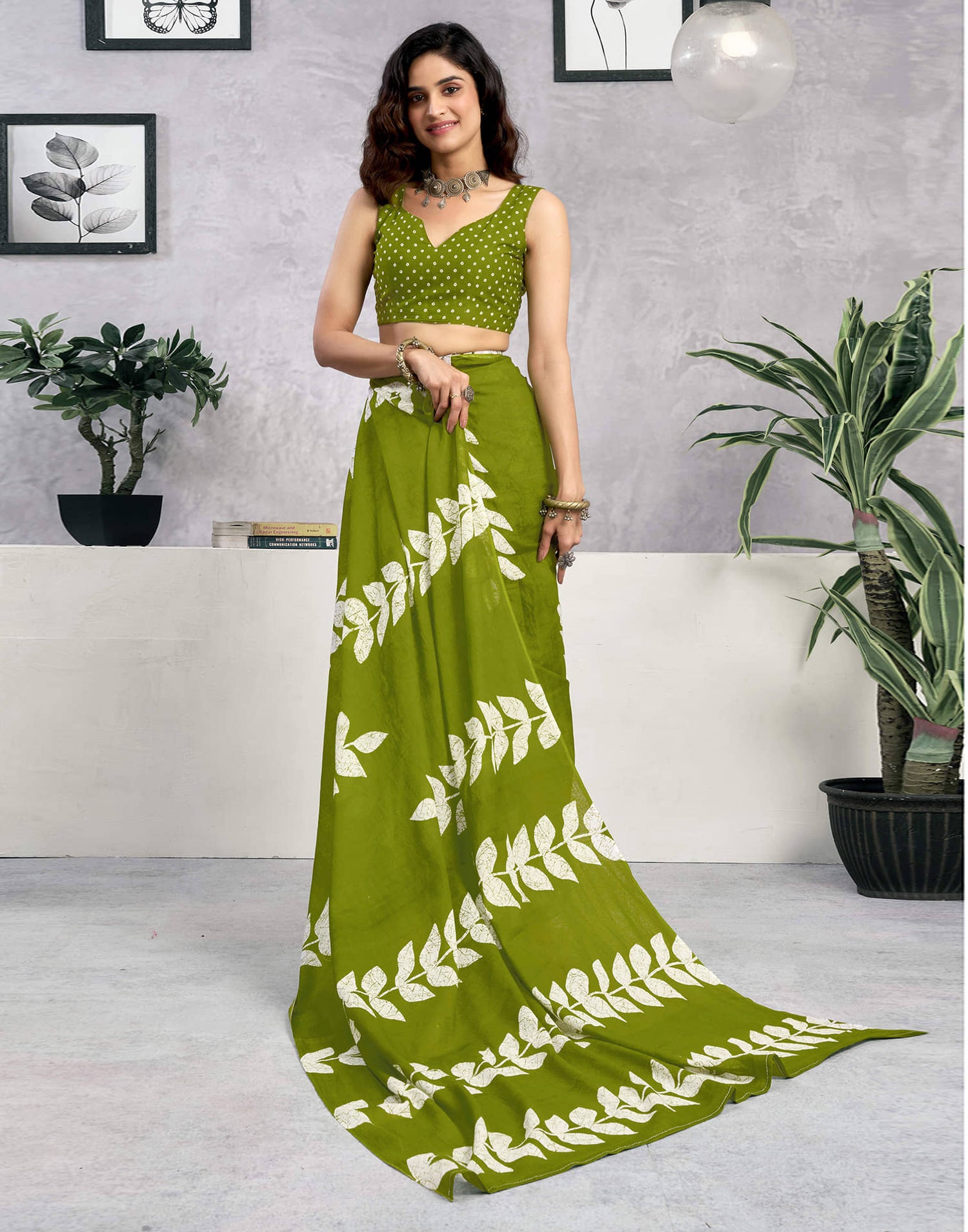 Ready To Wear Green Cotton Printed Saree