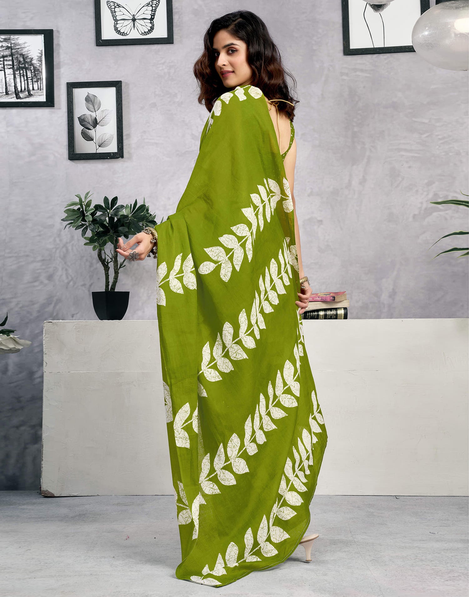 Ready To Wear Green Cotton Printed Saree