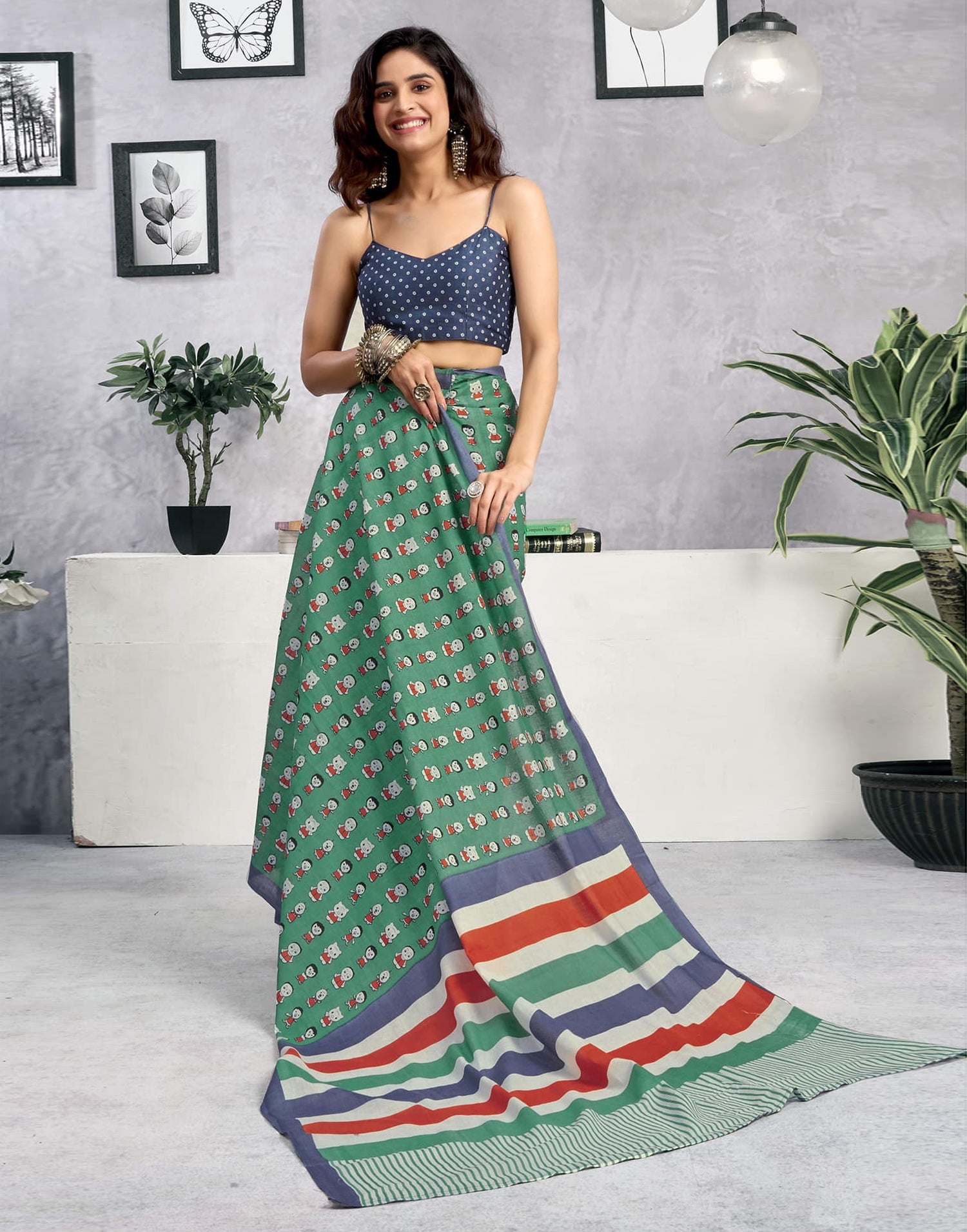 Ready To Wear Dusty Teal Green Cotton Printed Saree