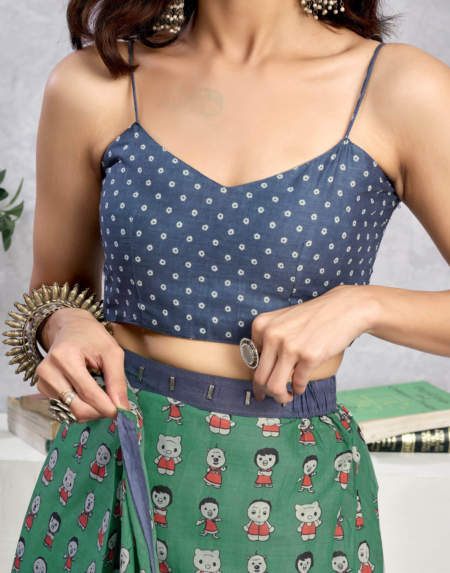 Ready To Wear Dusty Teal Green Cotton Printed Saree