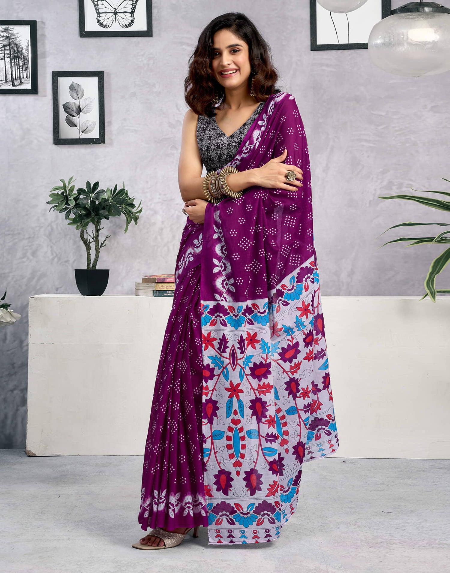 Ready To Wear Wine Cotton Printed Saree