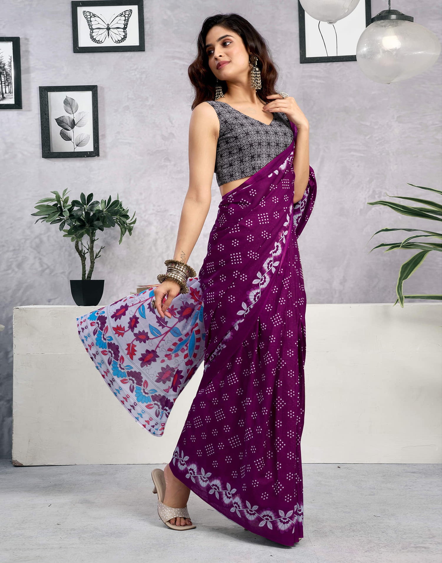 Ready To Wear Wine Cotton Printed Saree