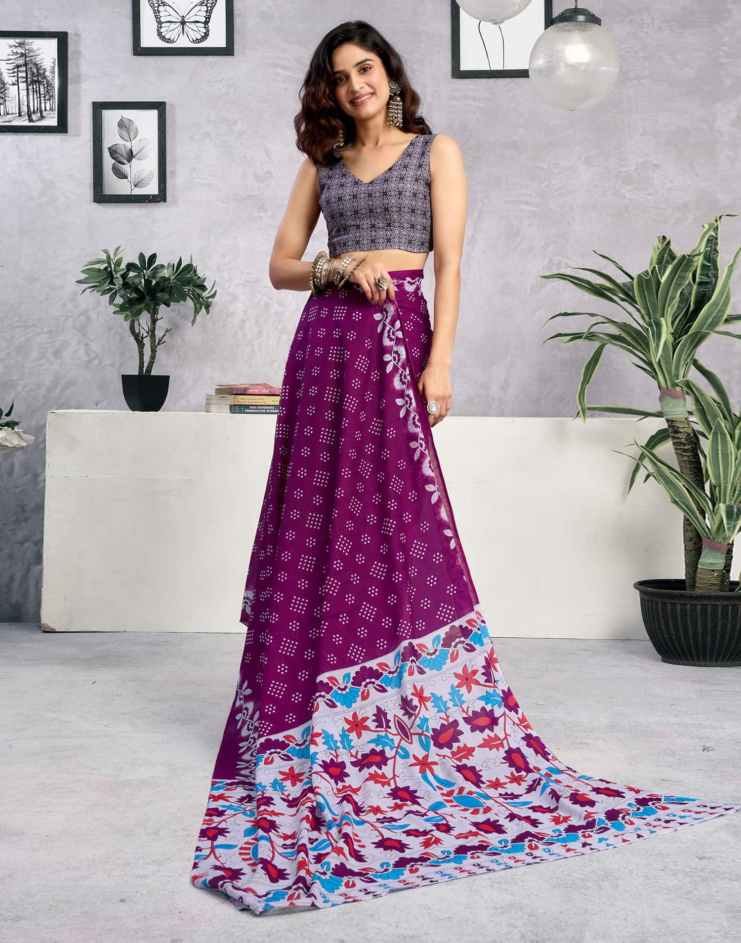Ready To Wear Wine Cotton Printed Saree