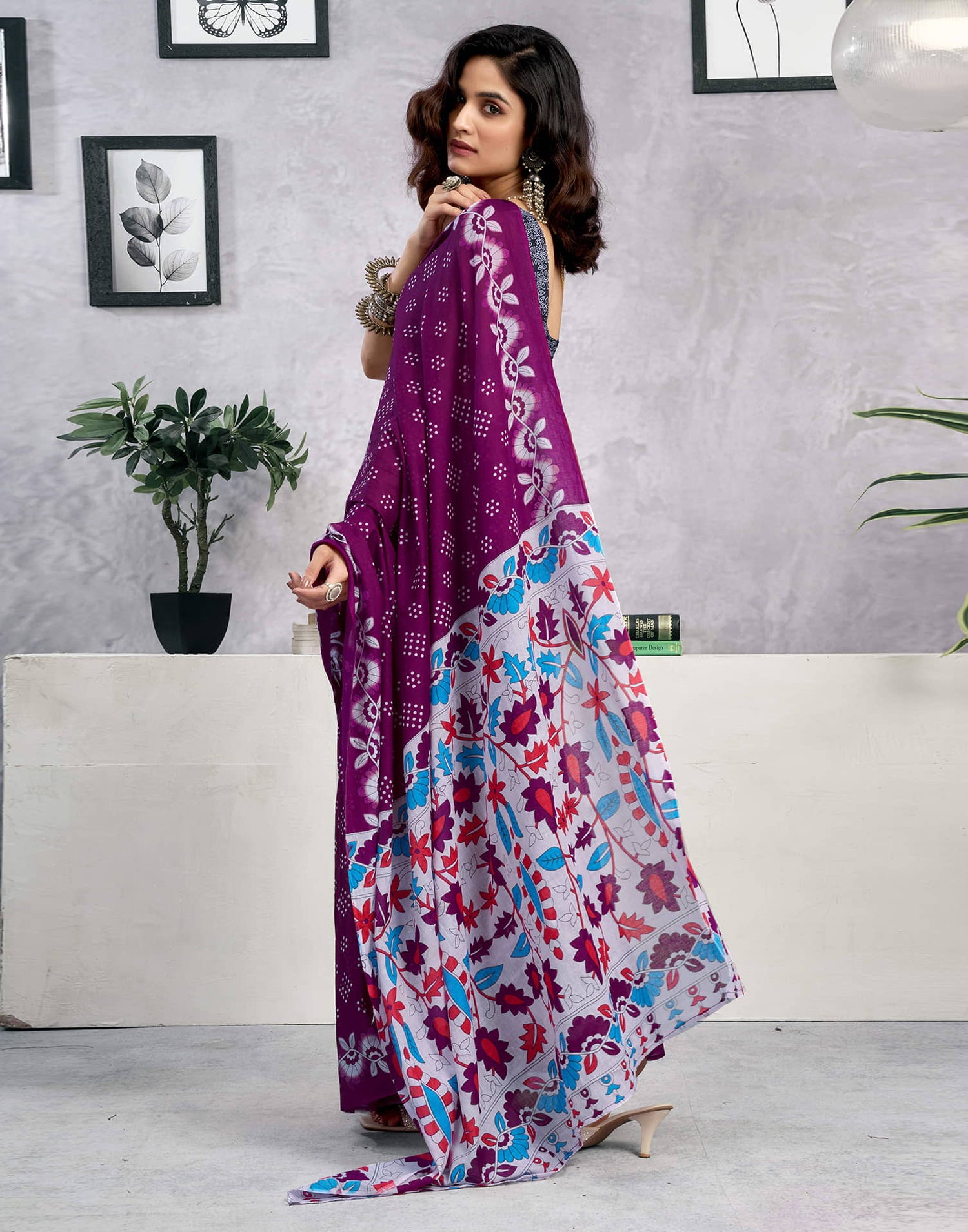 Ready To Wear Wine Cotton Printed Saree