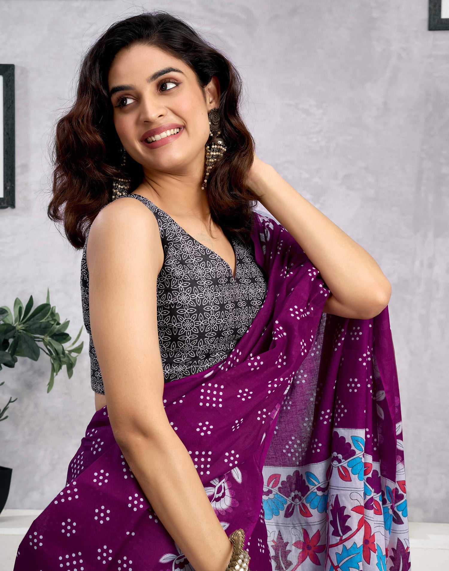 Ready To Wear Wine Cotton Printed Saree