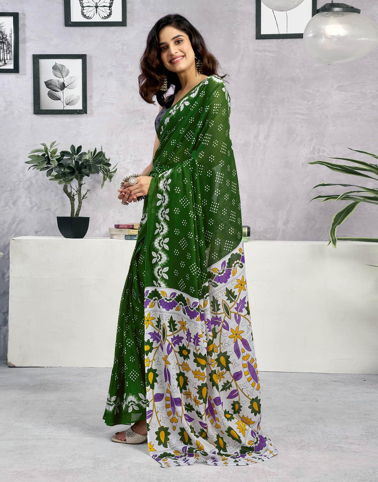 Ready To Wear Green Cotton Printed Saree