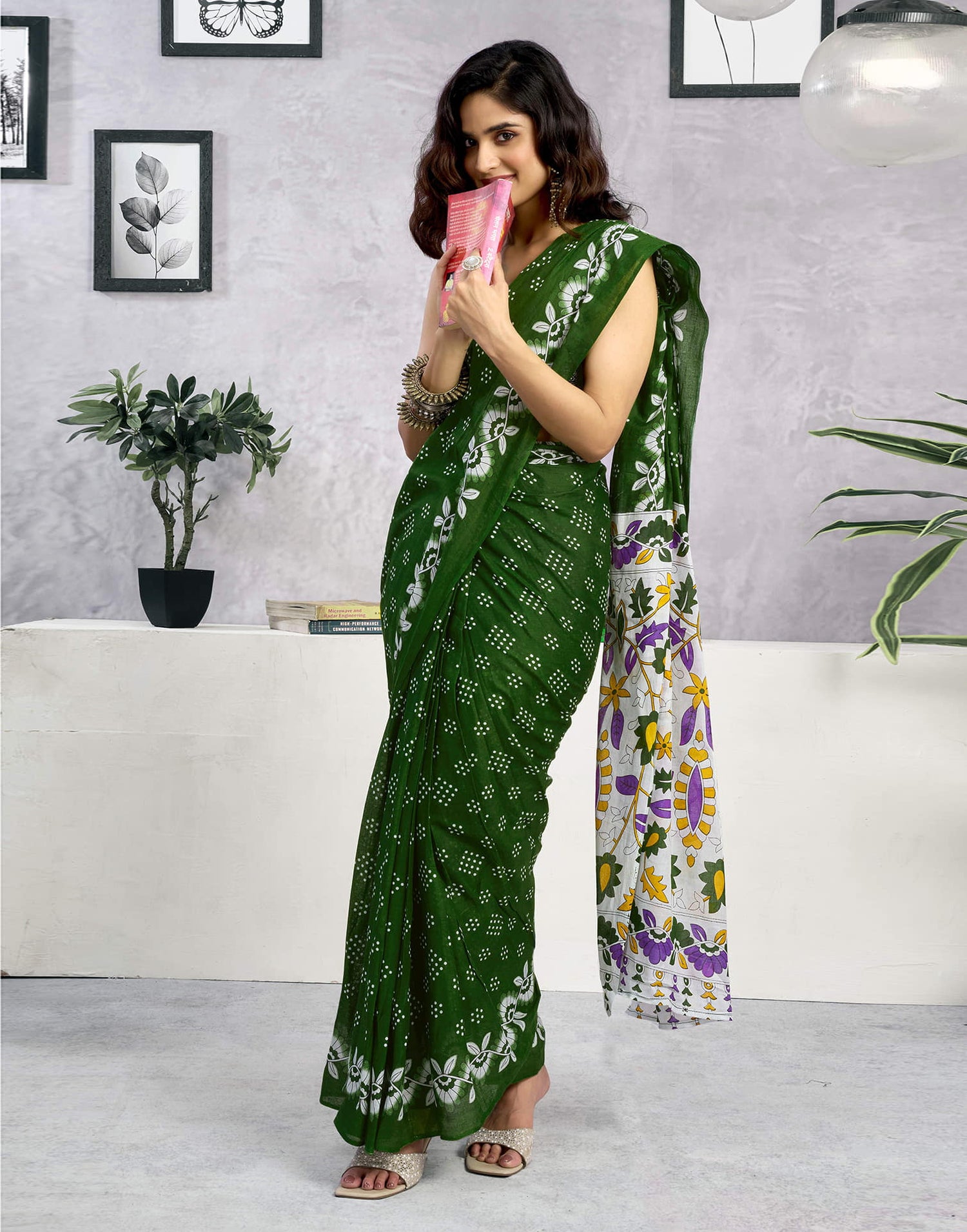Ready To Wear Green Cotton Printed Saree