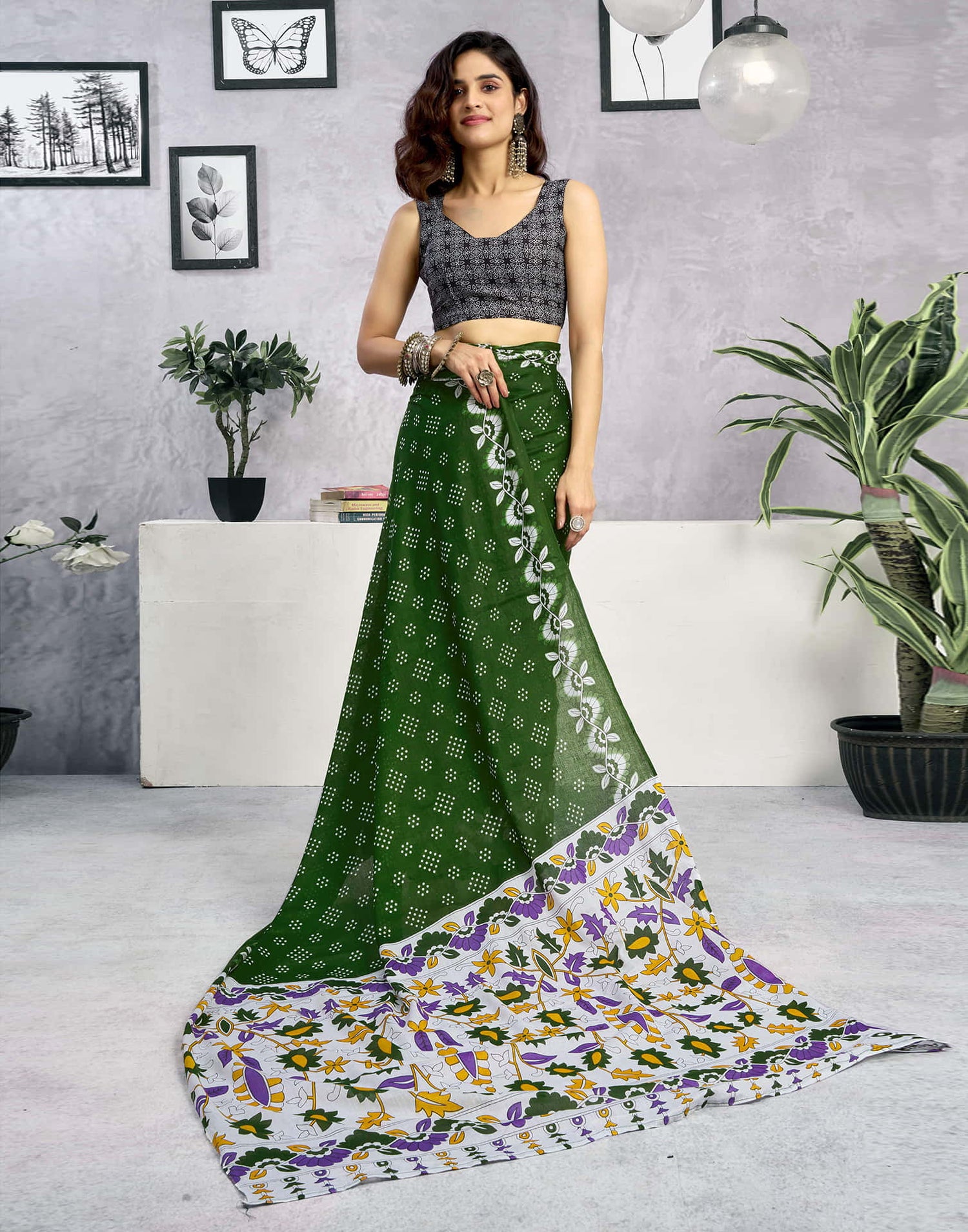 Ready To Wear Green Cotton Printed Saree