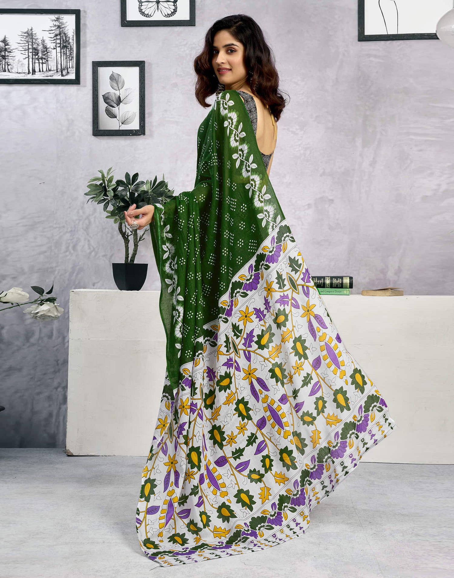 Ready To Wear Green Cotton Printed Saree