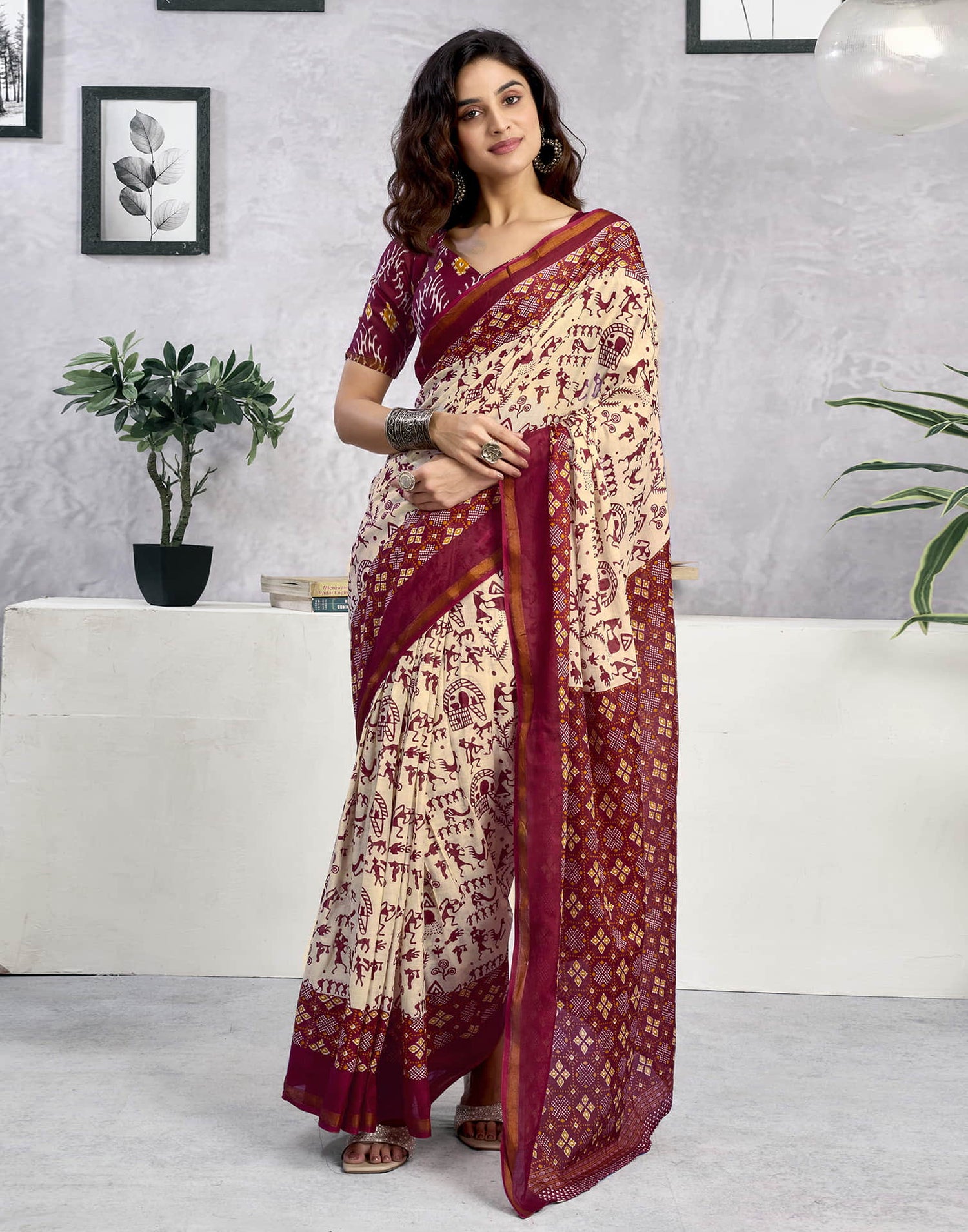 Ready To Wear Light Beige Cotton Warli Printed Saree