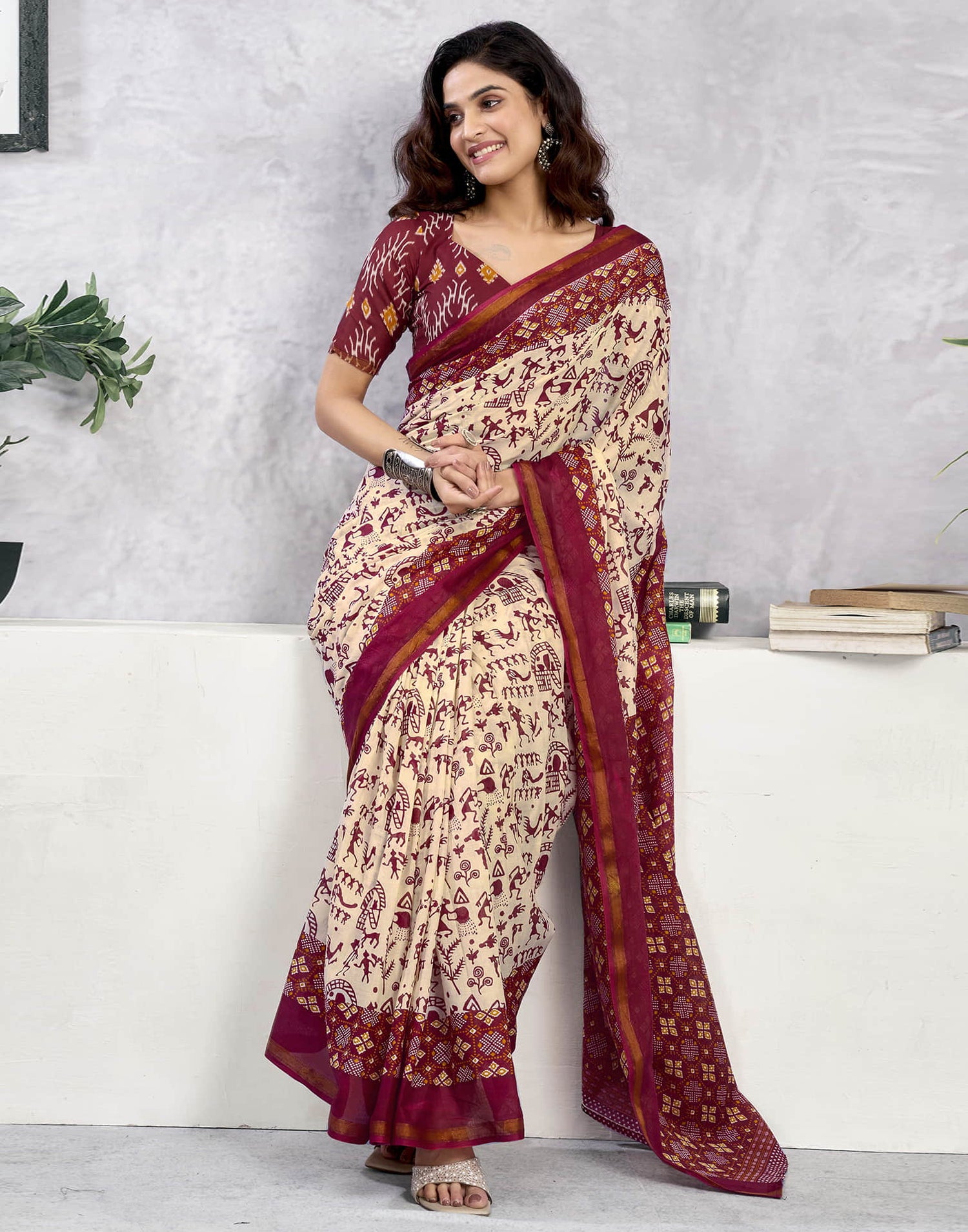 Ready To Wear Light Beige Cotton Warli Printed Saree